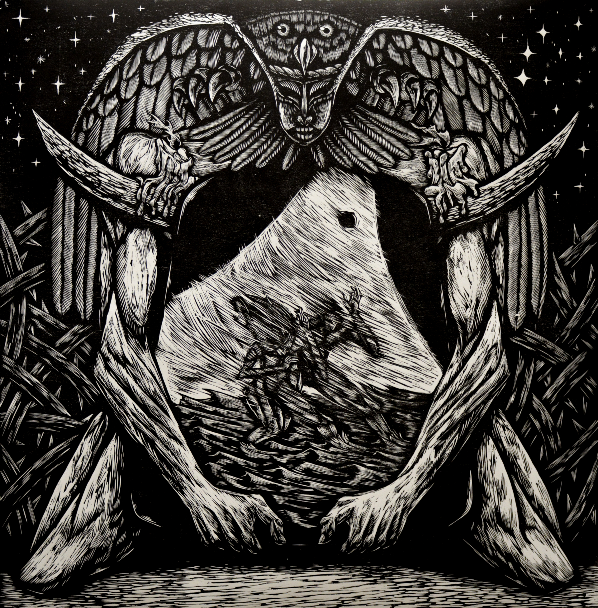 A kneeling figure with an owl headdress acts as a framing element for a pair of figures afloat on a sea. Behind the kneeling figure is a starry sky.