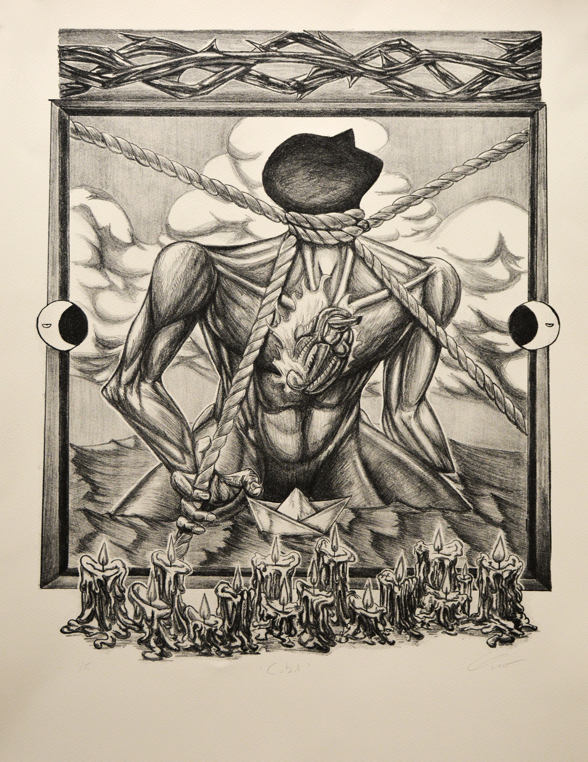 A figure with a flaming, exposed heart is bound by ropes around his neck. Below is a paper boat and a row of melting candles, above are thorns.