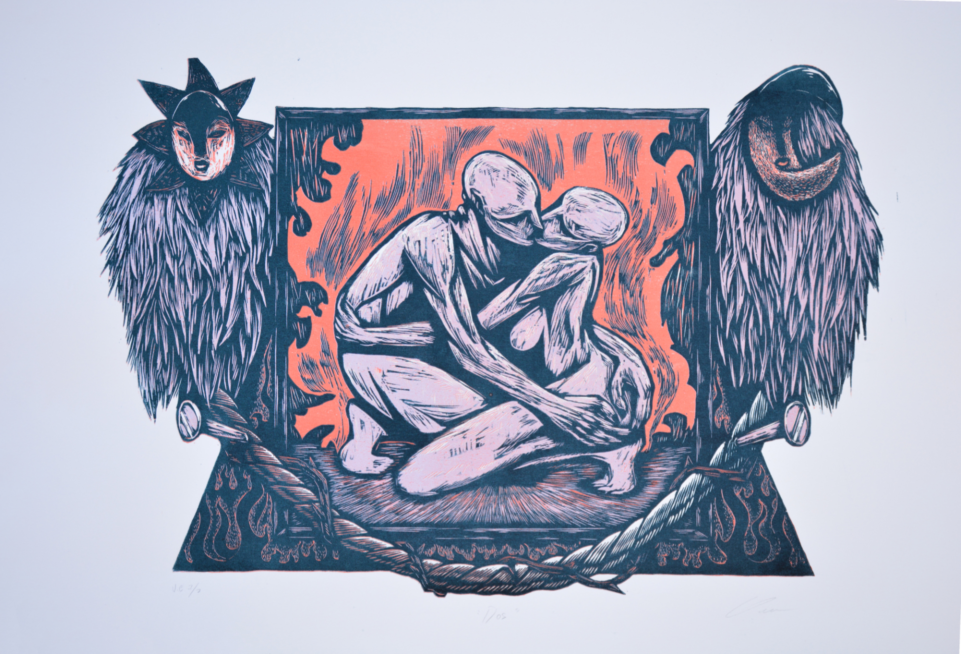 A pair of nude figures are wrapped in an embrace. They are framed by two figures representing the sun and moon, connected by rope, thorns, and flames.