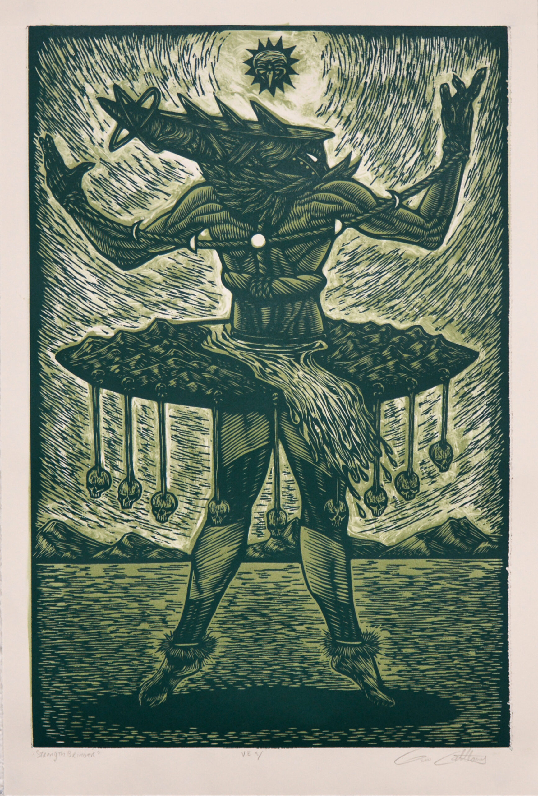 A green figure, bound by a rope with the phases of the moon, stands with arms outstretched with a representation of the disc of the Earth at his waist with skulls suspended from the disk.