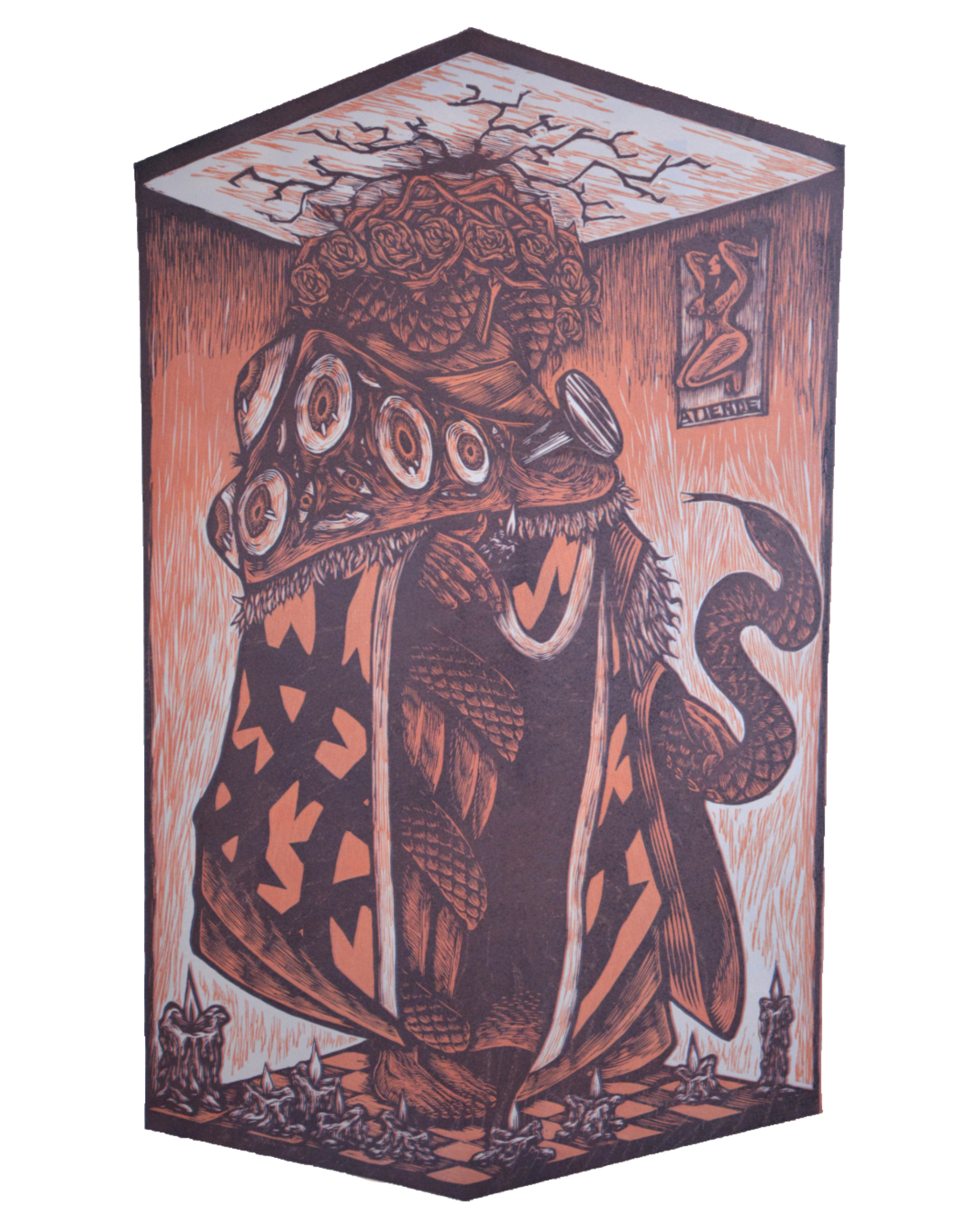 A figure with a head covered with roses and thorns hits its head on a glass ceiling. It wears a robe covered in eyes and its body is bound by a snake. it stands on a tile pattern with melting candles evoking a chess set.