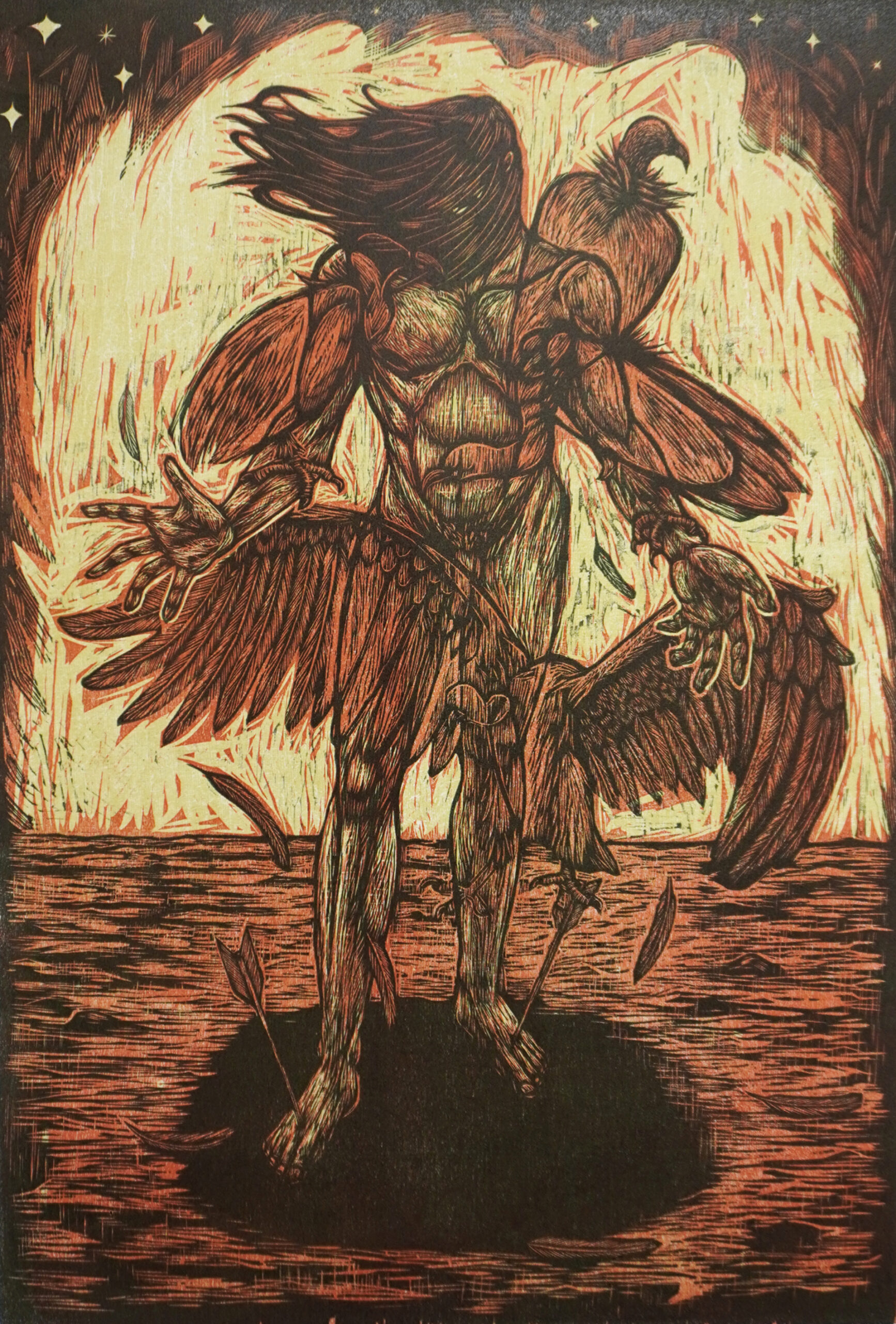 A make figure with arrows through is feet stands covered by vultures.