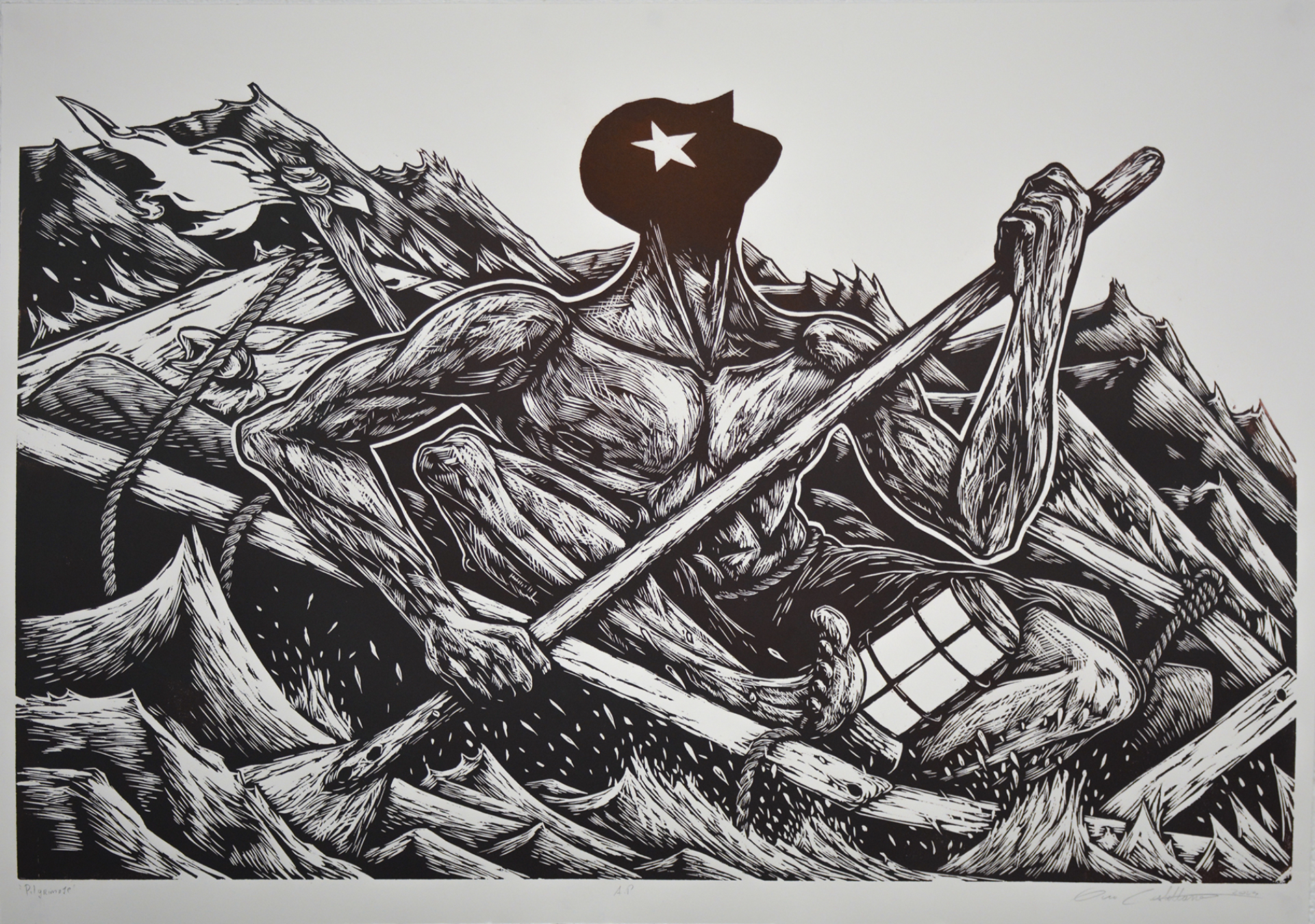 A male figure with a starred head evoking the Cuban flag rows in an extremely small boat on very rough waters.