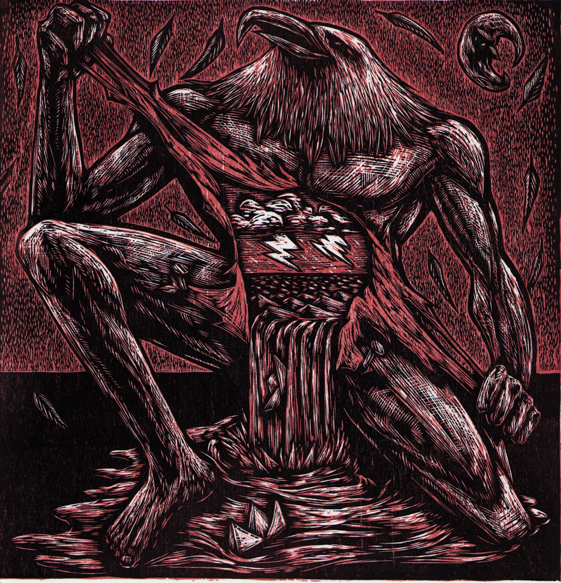 A figure with the head of an eagle tears open his abdomen exposing a stormy seascape that spills onto the floor with paper boats.