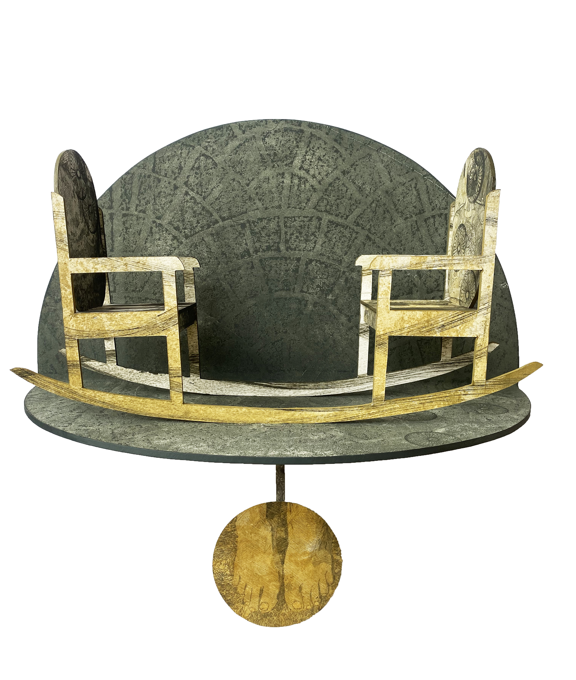 de jesus_marcos_2 Two rocking chairs face each other connected by the rockers sit on a hinged circular platform with a textured green surface. A circle with feet is suspended below the platform.