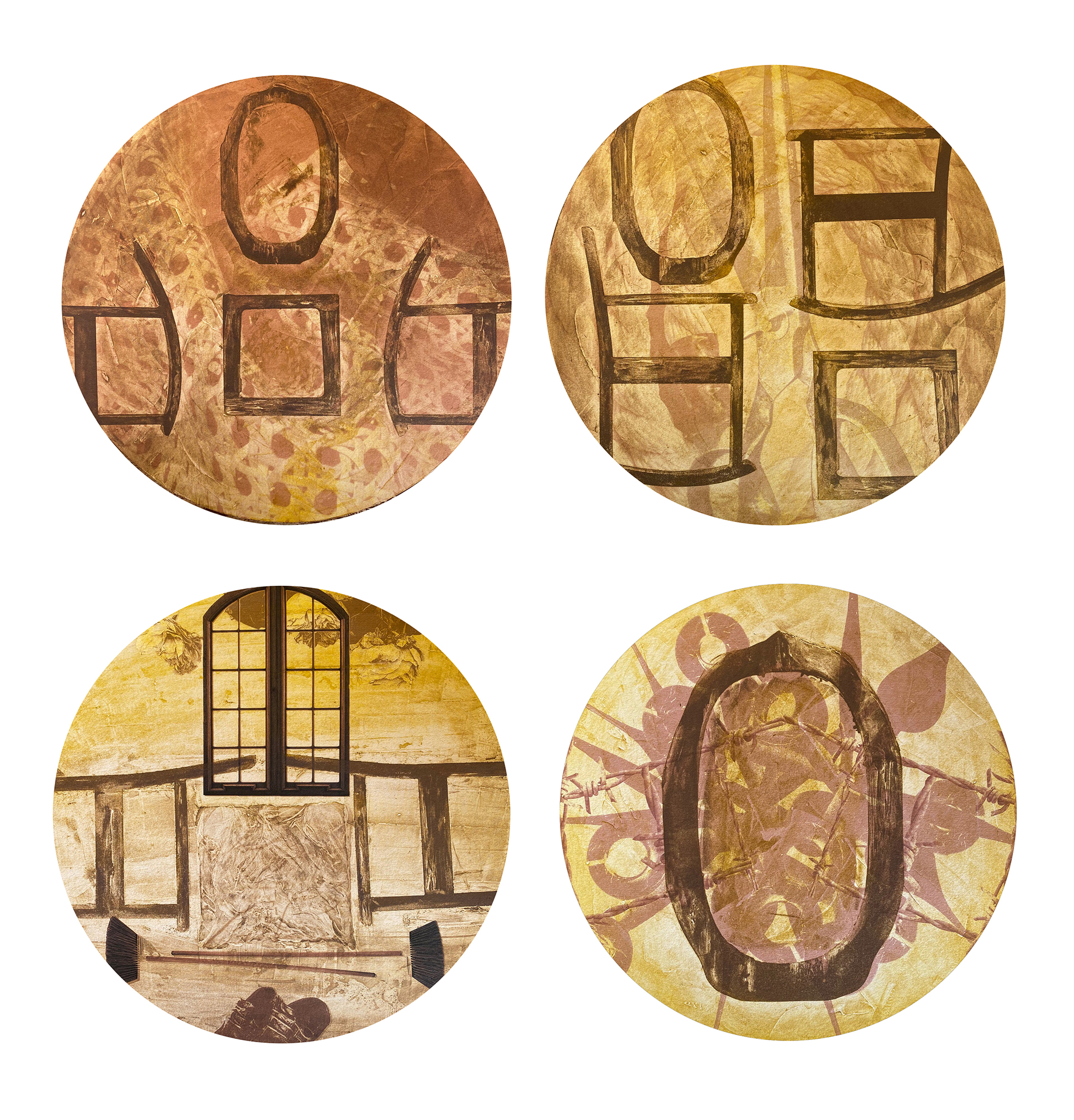 de jesus_marcos_7 Four round compositions filled with variations on the rocking chair theme in lilac, browns, and yellows.