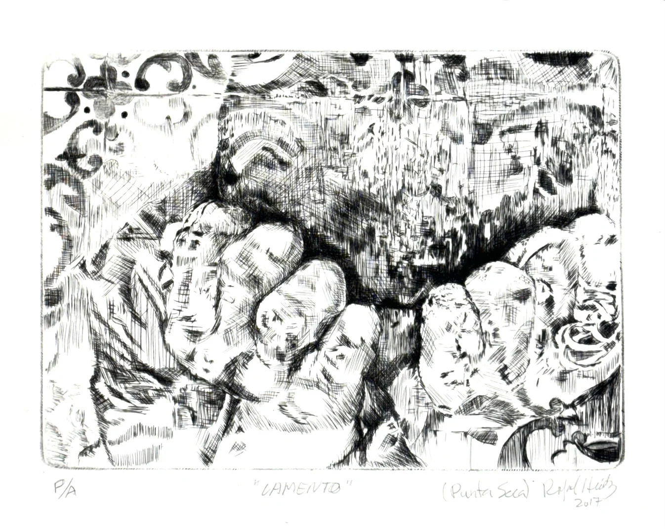 hernandez_rafael_2 Layers of patterned mark making obscure a figure with head in its hands.