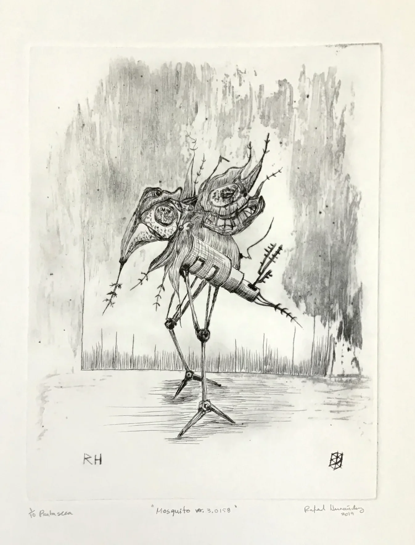 hernandez_rafael_4 A spindly birdlike figure composed of mechanical parts stands on a textured ground
