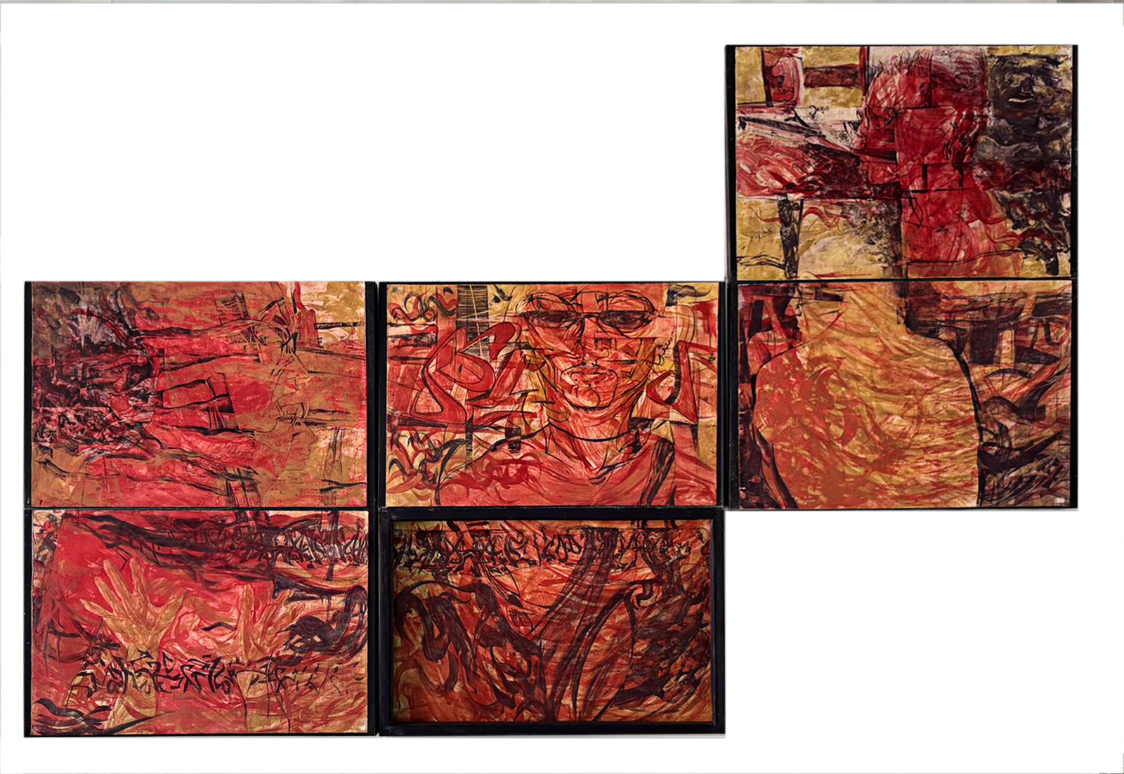 landing_haydee_1 Six spreads from a handmade artist book featuring figures and textures in red, yellow ocher, and browns.