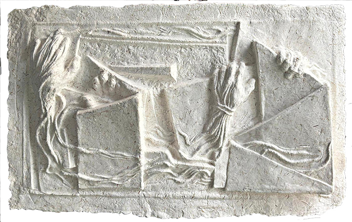 landing_haydee_10 An impressive blind debossment in soft handmade paper of hands composed of cord grasping at forms like books.