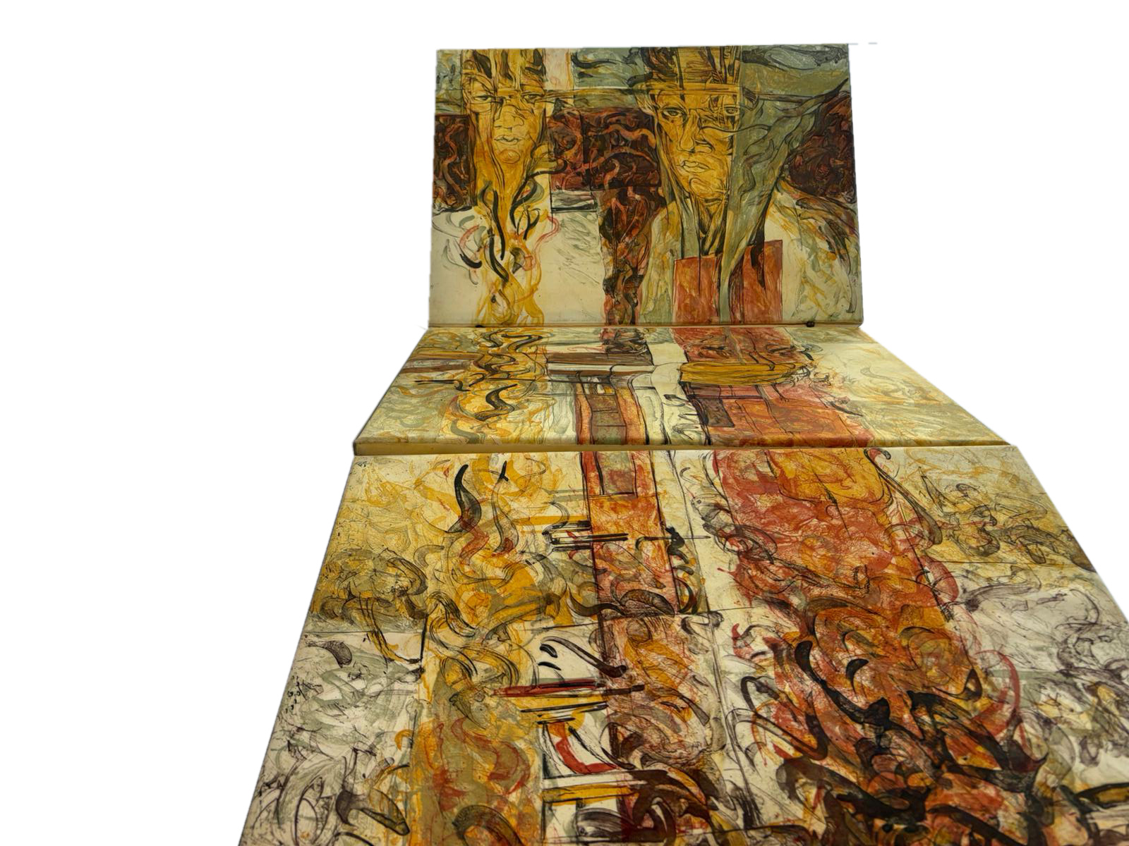 landing_haydee_2 A three panel book cascades through the picture plane with two figures composed of smoke or water in red, yellows, green, and brown giving way to abstracted columns with other imagery below.