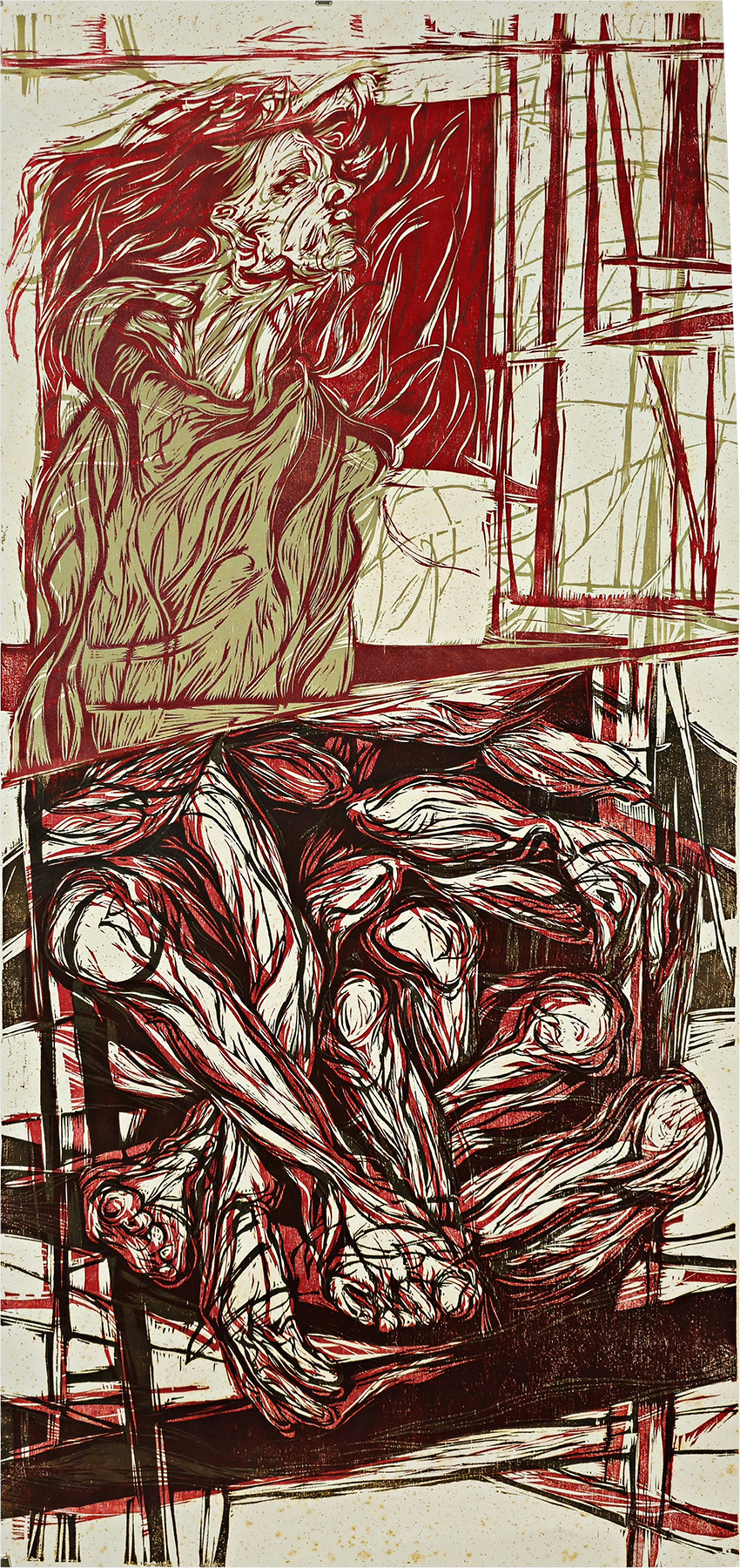 landing_haydee_3 A figure composed of energetic woodcut lines is divided in half as if sitting at an off kilter table. Below the waist the figure gives way to a tangle of many legs.