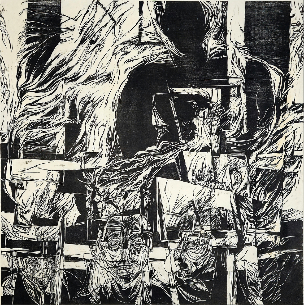 landing_haydee_4 Faces composed of searching, overlapping lines emerge from a hunched, black shape of a person in the top right of the composition. The image area is filled with a combination of stark black & white rectangles of various sizes and flowing woodcut lines that evoke hair or frayed fabric.
