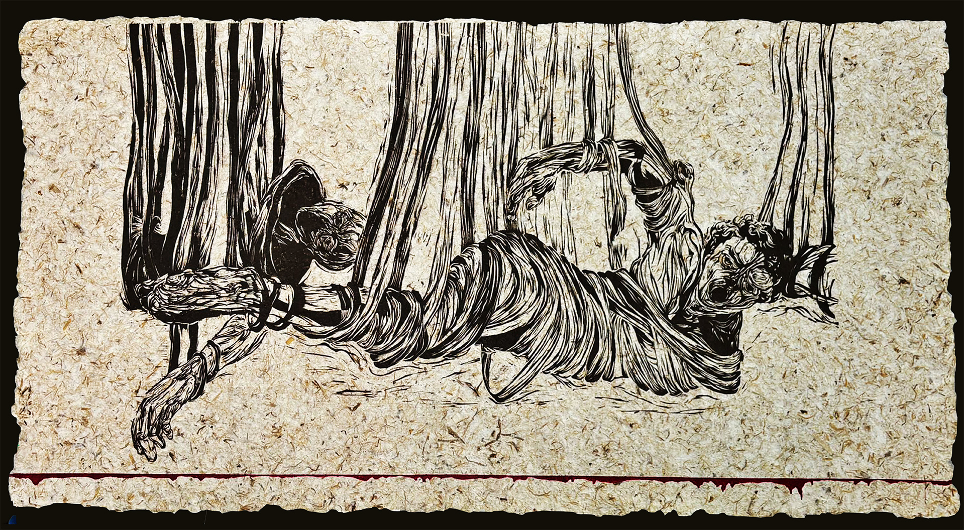 landing_haydee_5 A figure composed of energetic overlapping lines is suspended from the top of the image area by fabric or cord that binds the figure as if trapped in a web.