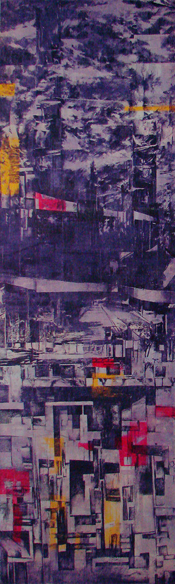 landing_haydee_6 A vertical composition of overlapping photo collaged cityscape in purple with pops of yellow and red occasionally to draw the eye around the composition.