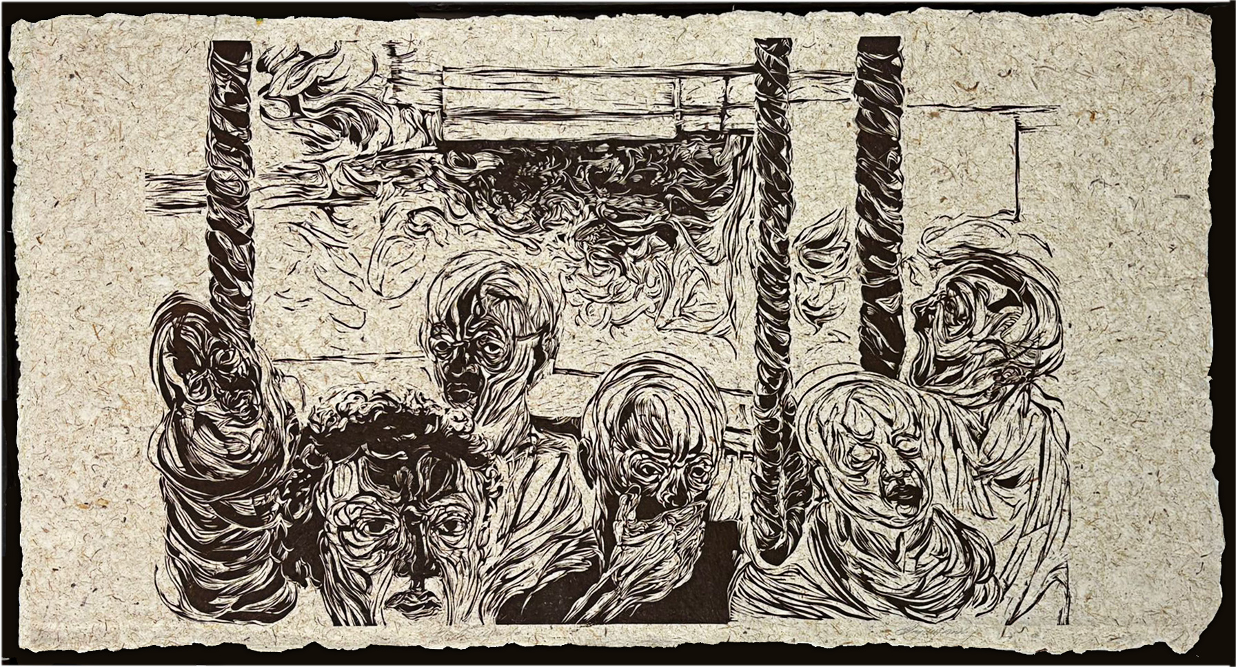 landing_haydee_7 Several human forms composed of busy lines are gathered in the bottom of the image area while above rope and smoke move
