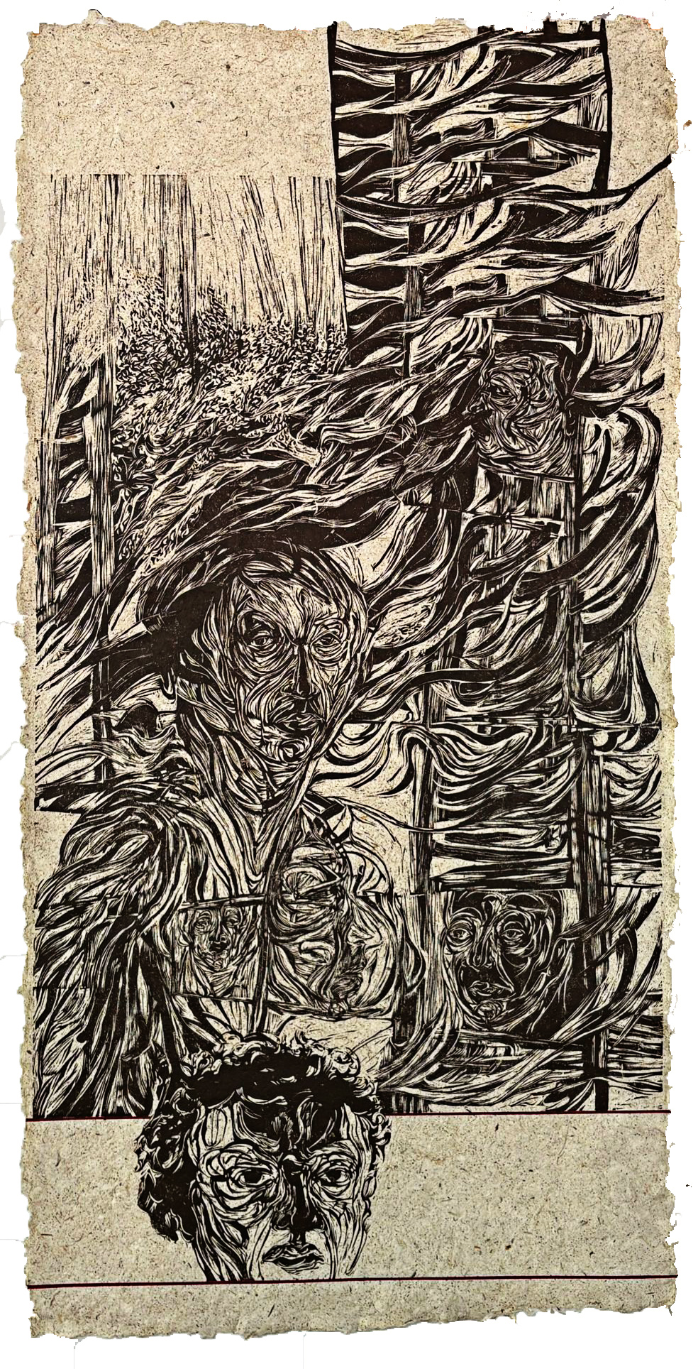 landing_haydee_9 Faces emerge from among banners in layers as if at a protest. Everything is composed of busy lines that evoke wind or flame.