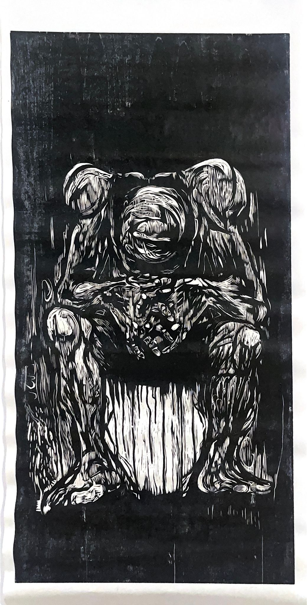 romansoto_sebastian_4 A woodcut of a figure seated with his head sagging almost in his hands on his knees