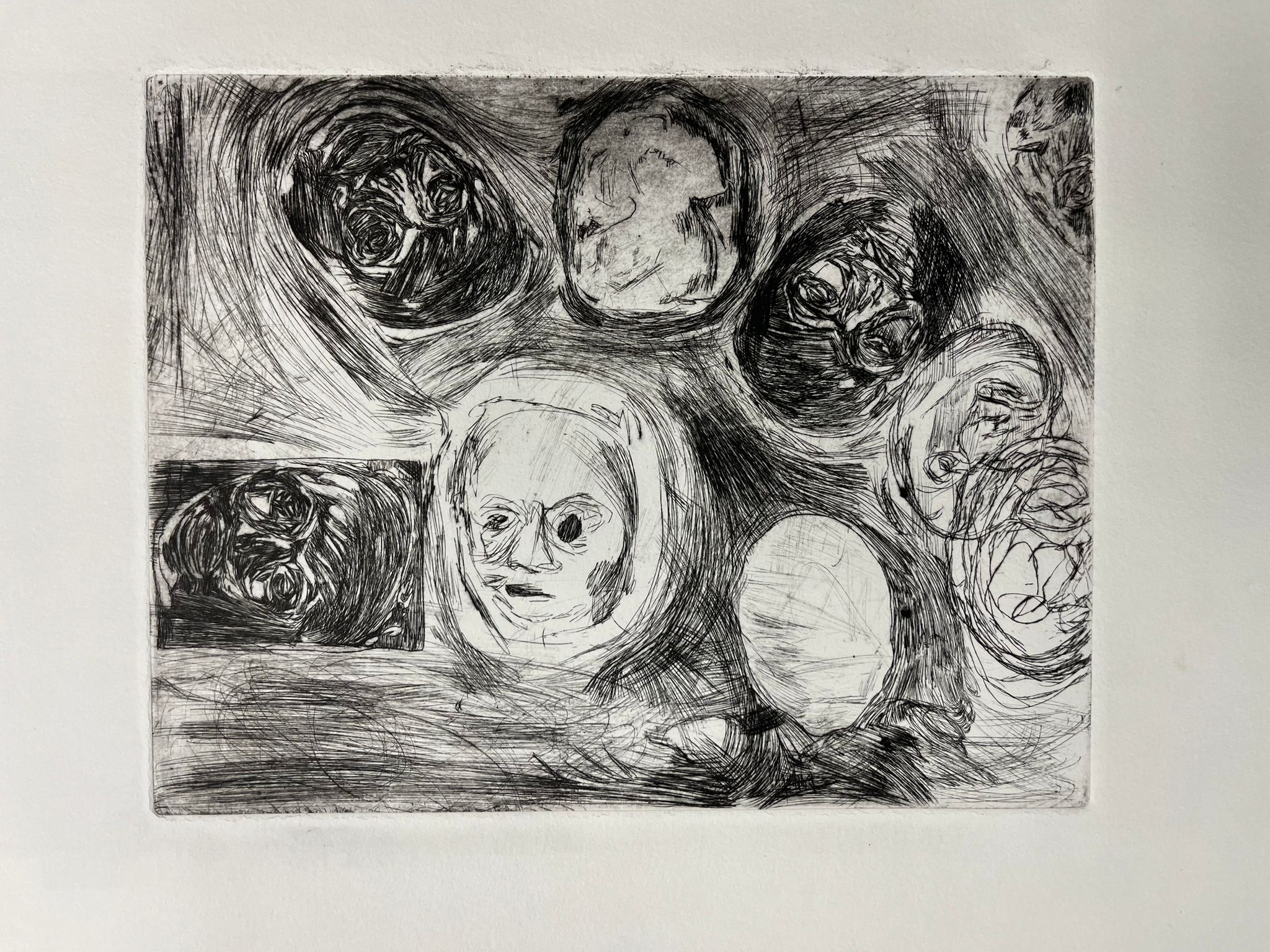 romansoto_sebastian_7 Abstracted heads emerge from a busy drypoint background