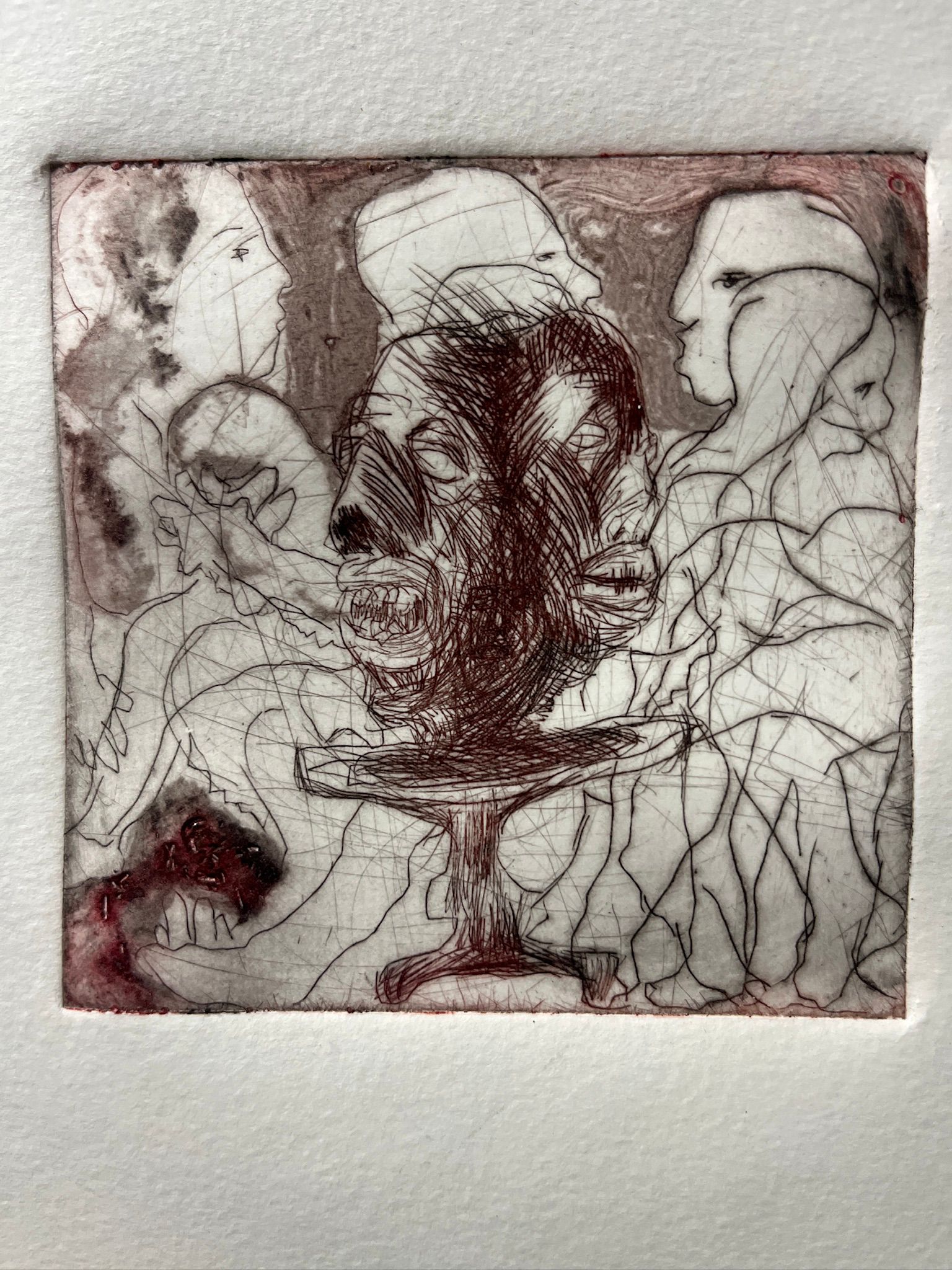 romansoto_sebastian_9 A bust with a face on either side sits amidst a background of amorphous figures