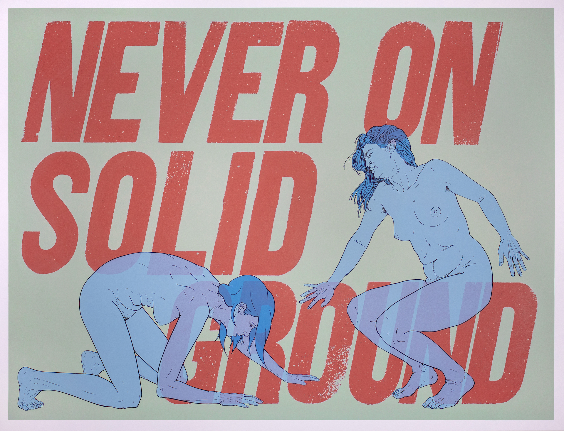 An enormous plaited composition of monoprints on fabric depicting nude men in evocative poses and couplings. The palette and floral elements are reminiscent of late Matisse.