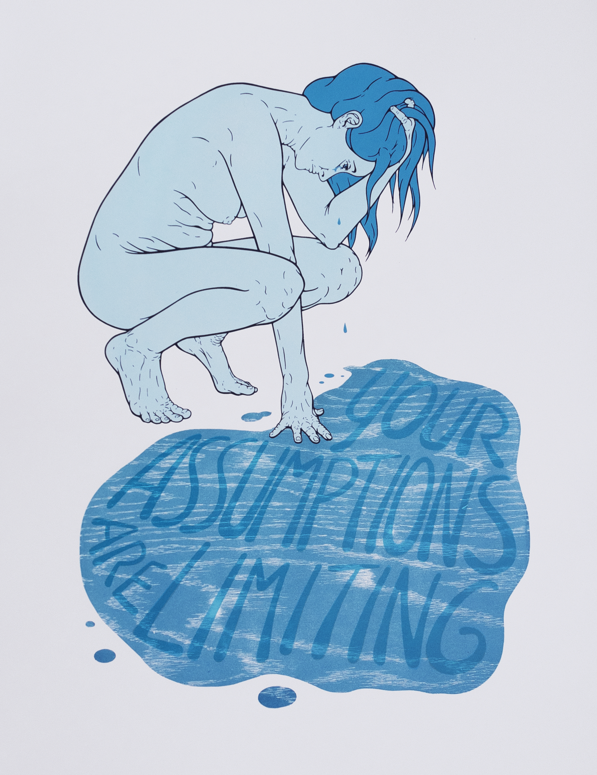 A pair of nude men, monoprinted in red and blue, hold hands and interlock arms. The fabric the figures are printed upon is covered in a pattern of butterflies, blockprinted with wax to create a resist.