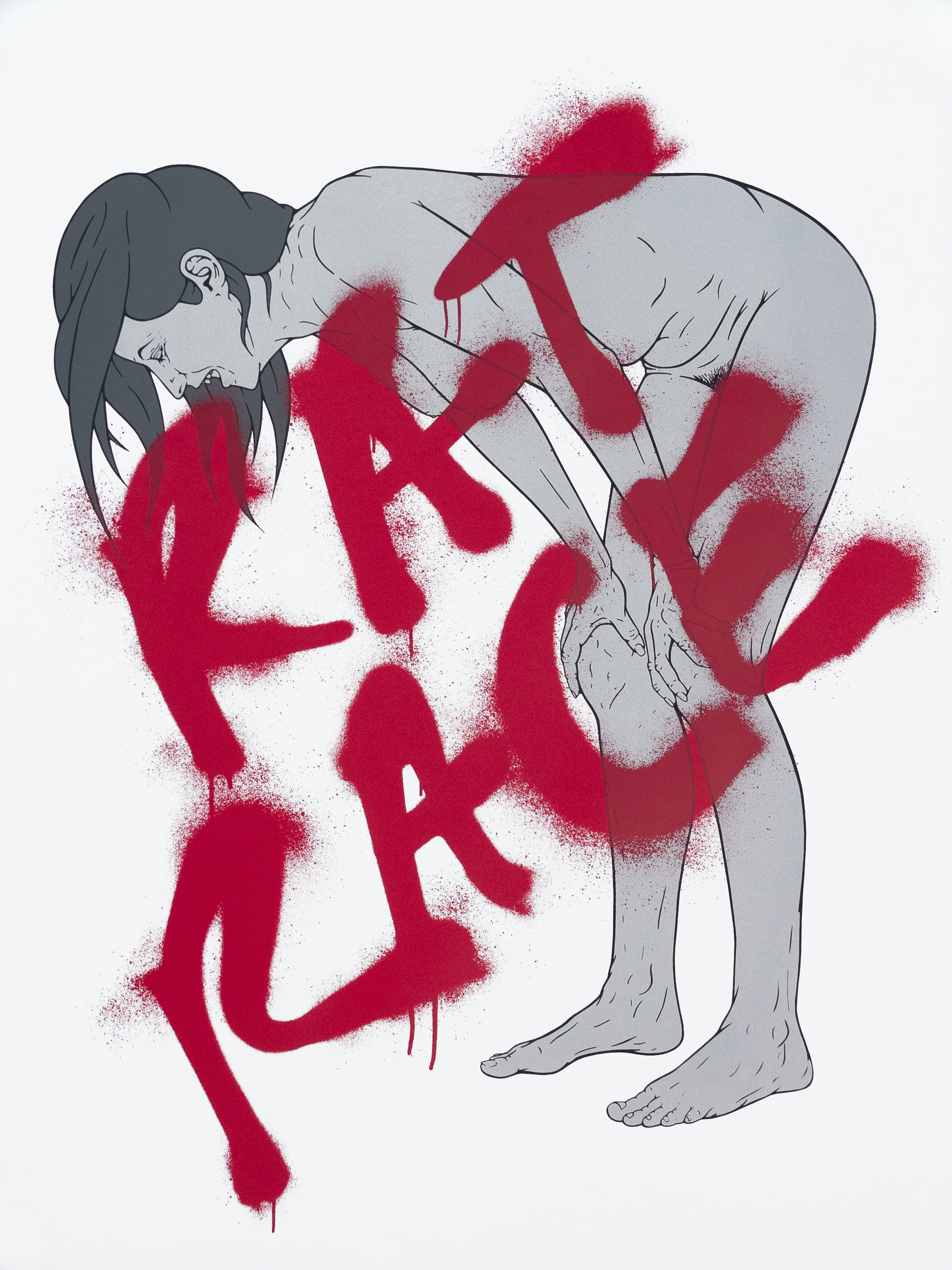 Five nude men, monoprinted in red and blue, are composed to look like Picasso's Les Desmoiselles d'Avignon.