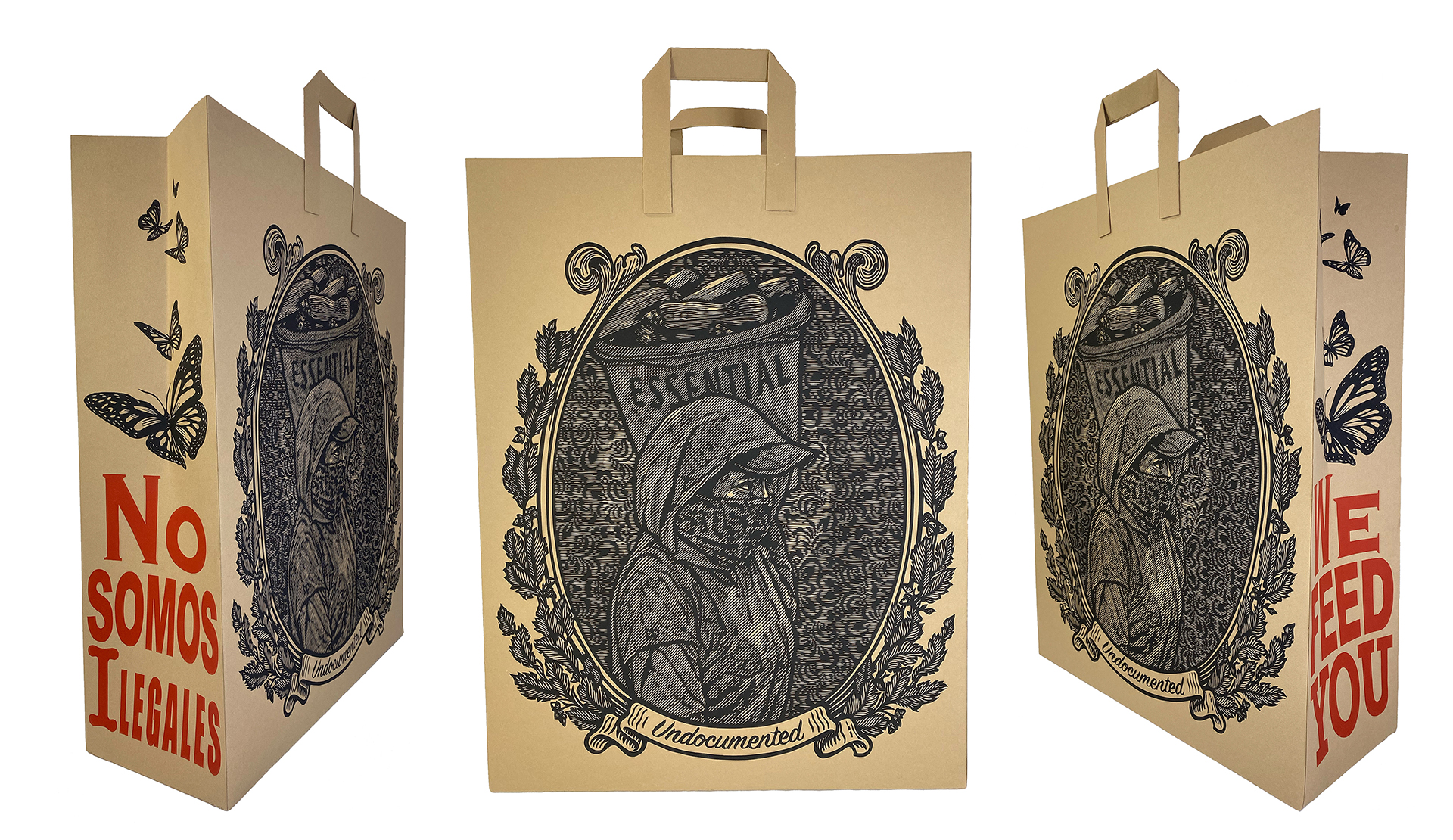 Four abstracted figures composed of or around food are on round compositions as if they're food in a bowl or on a plate.