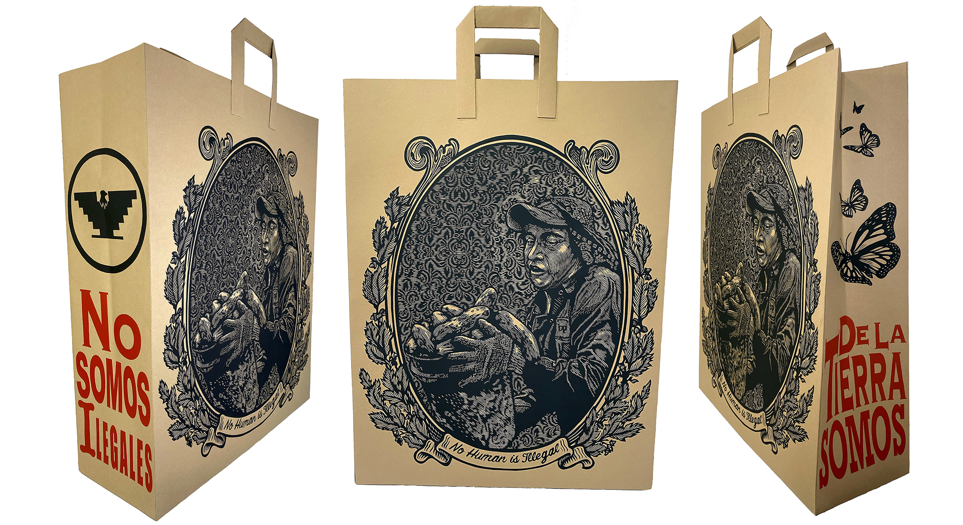 A linocut arrangement of a beach chair, a can of propane, and an extension cord on a grid implying tile.