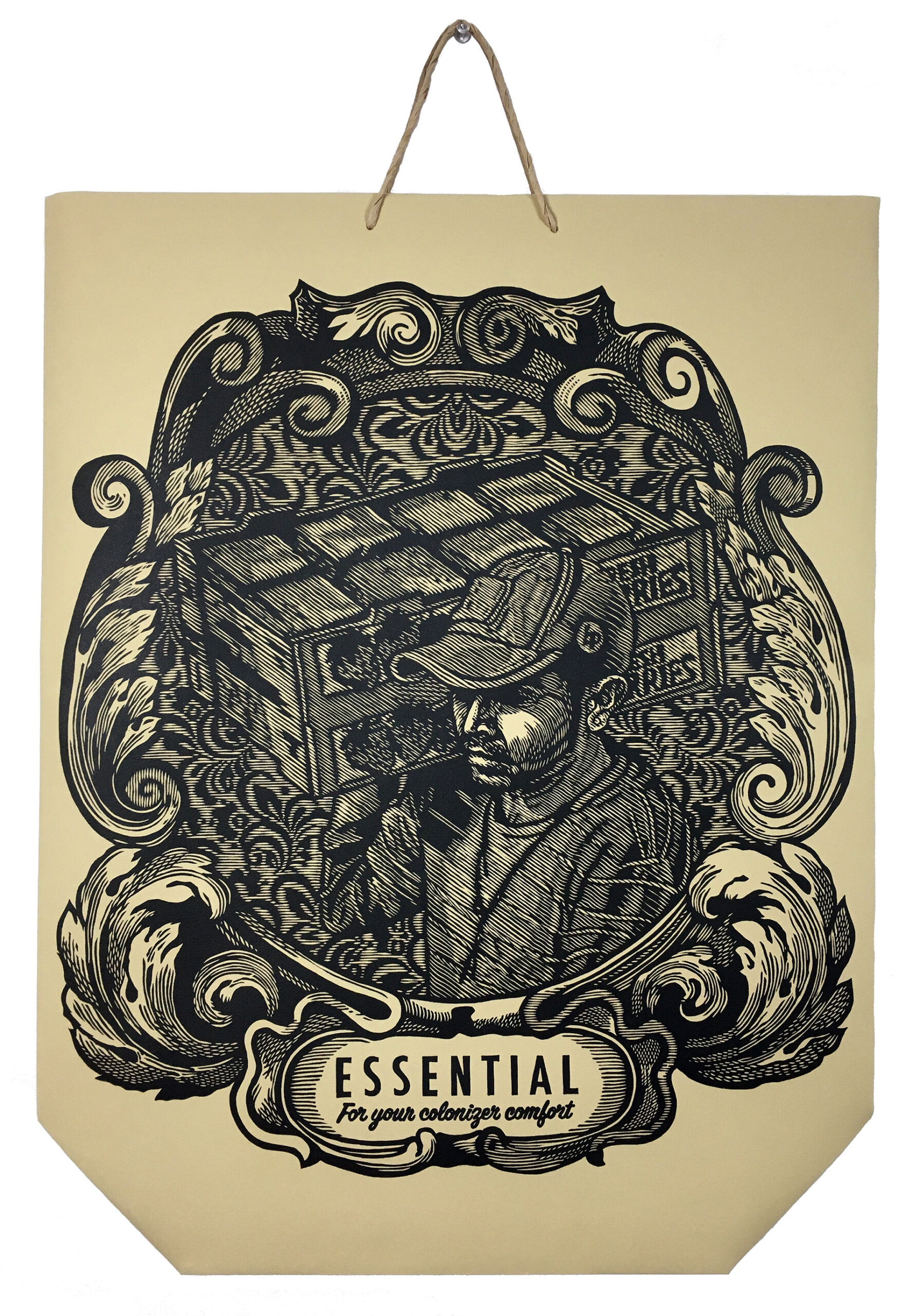 Cascading doubloons in gold and silver feature lambs representing Puerto Rico and wolves representing the colonial powers.