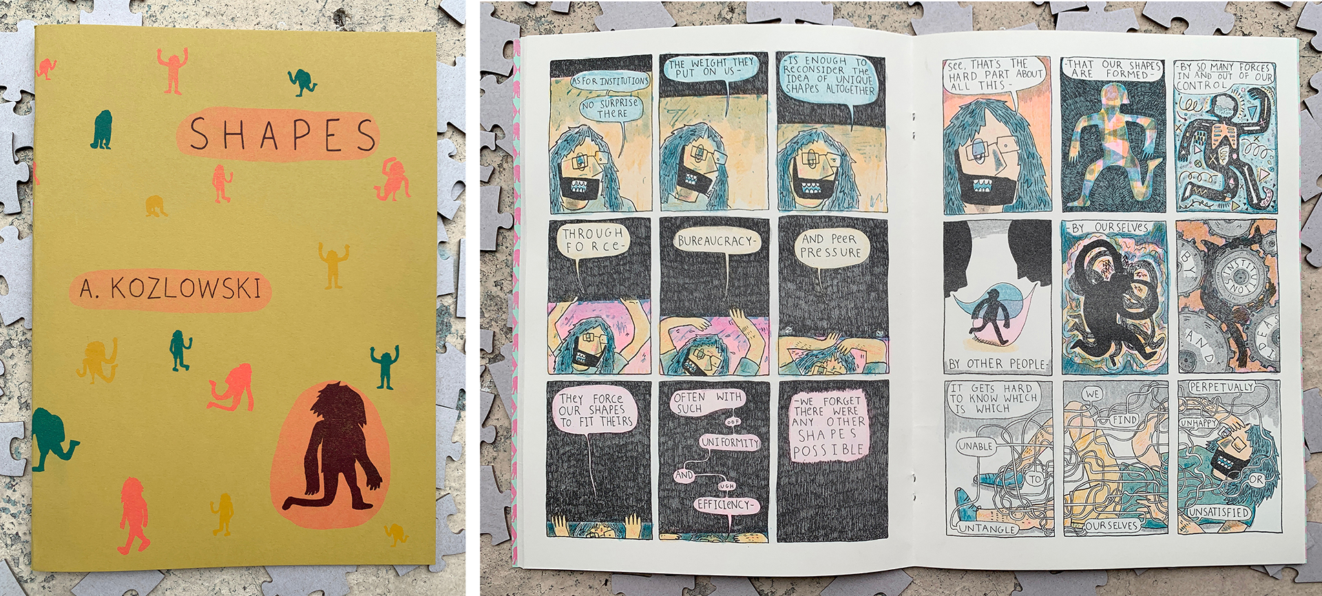 Rows of owls transition into rows of Ball jars. Feathers fall among the birds and jars.