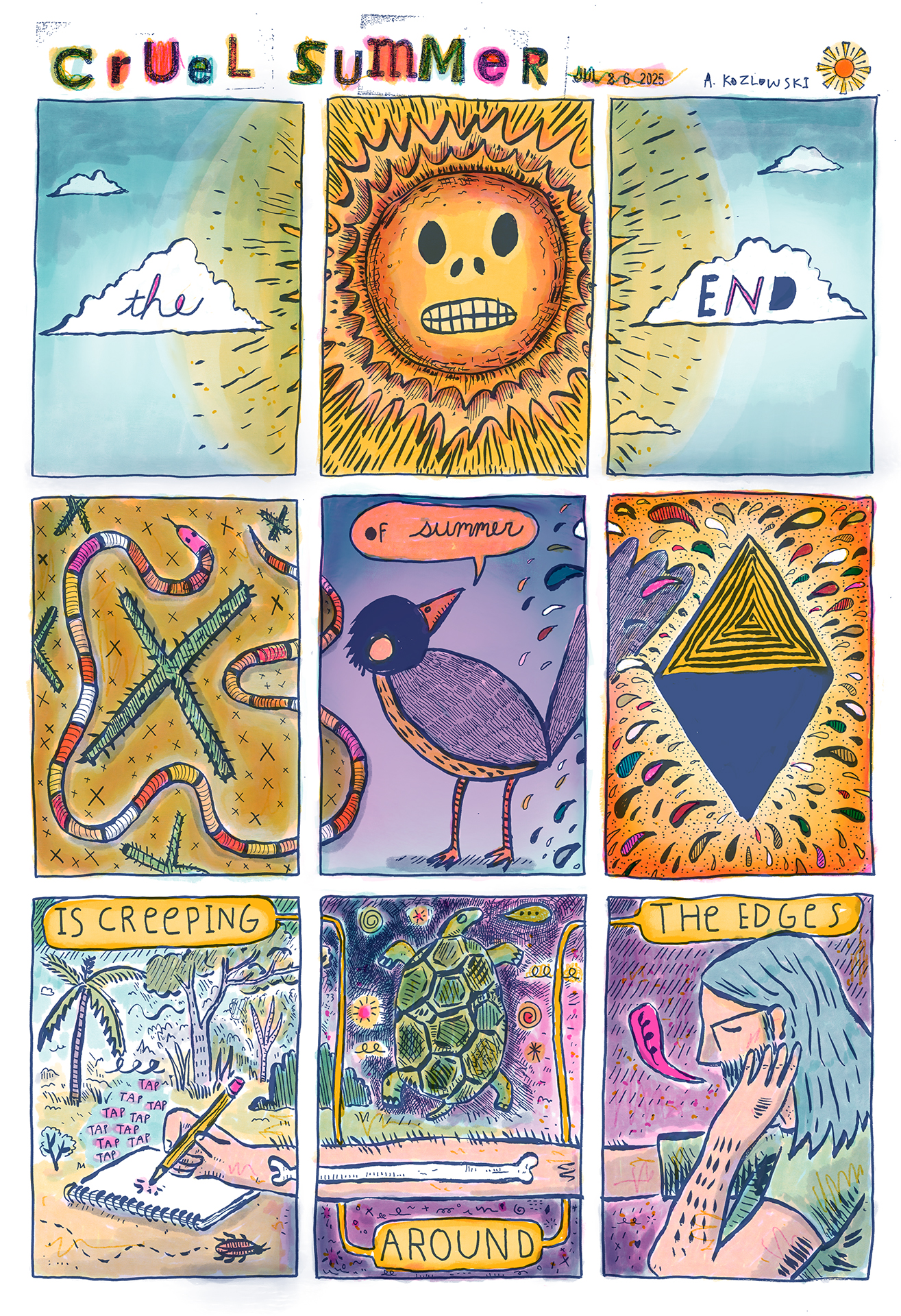 Rows of tuna cans are bisected by swimming fish and pink silhouettes of fish all printed on orange fabric