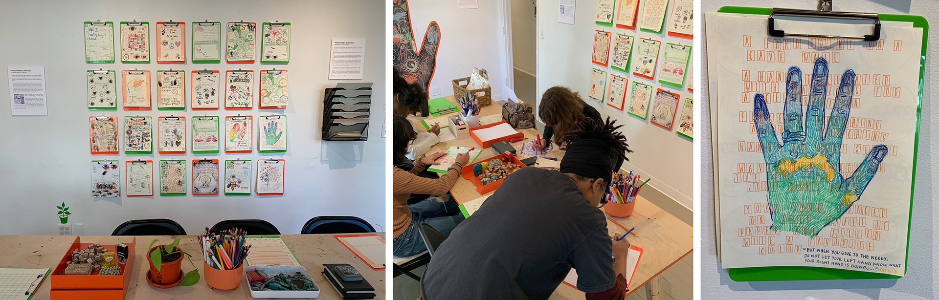 Four abstracted figures composed of or around food are on round compositions as if they're food in a bowl or on a plate.