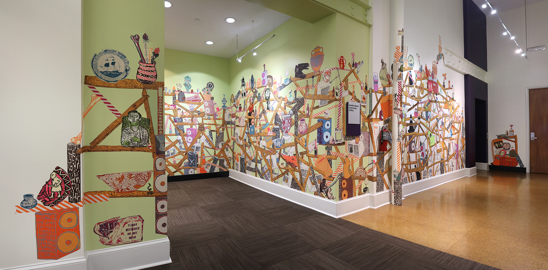 A linocut arrangement of a beach chair, a can of propane, and an extension cord on a grid implying tile.