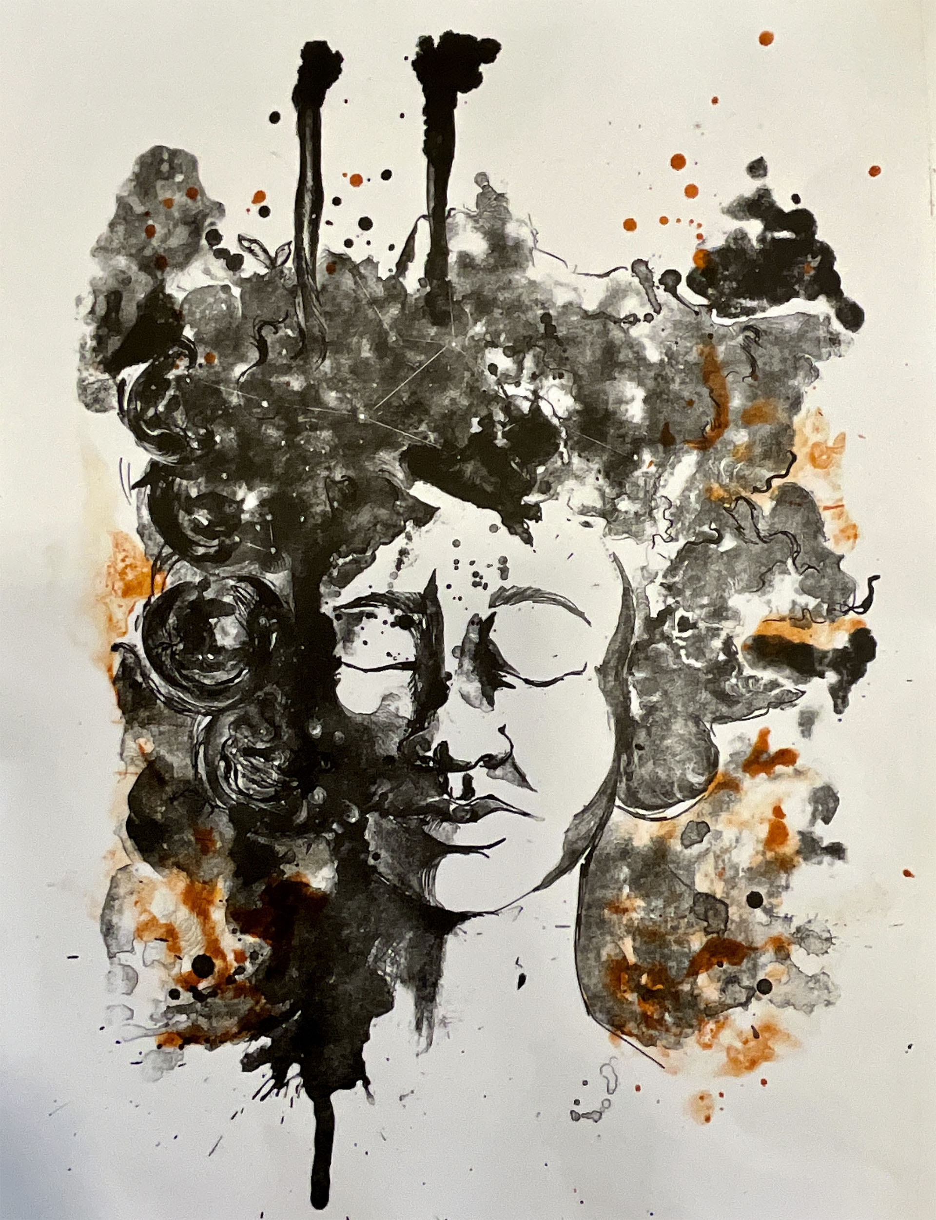 A femme presenting individual with a Bob haircut faces ¾ to the left. They are printed in pink and blue, overlapping to make purple. The two layers are comprised of pink tiny scribbles placed very closely in a grid formation. The person hands are grabbing at their chest and have a far off expression on their face.  A lime green square grid overlaps itself in the background and on top of the person, leaving part of their face and chest exposed. </p>
<p>The print has distorted squares cut out of the paper. There is a bright pink scribble behind the cut out section, and in the upper right corner.<br />
