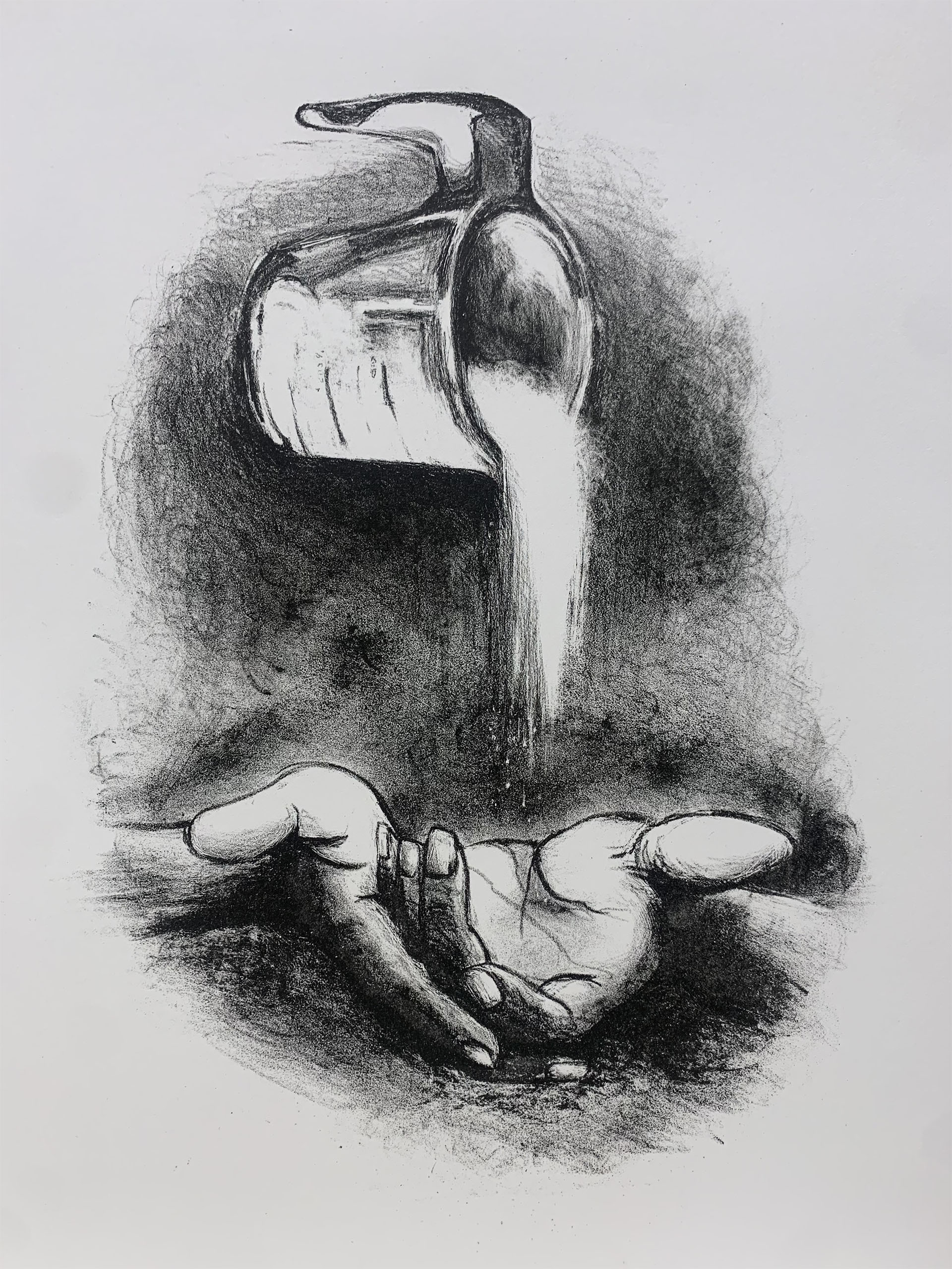 A fluorescent pink abstract shape sits atop a background grid pattern comprised of much smaller abstract scribbled marks in a light teal color.