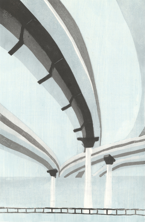 Mokuhanga print of an array of overpasses seen from below in subtle grays and blues