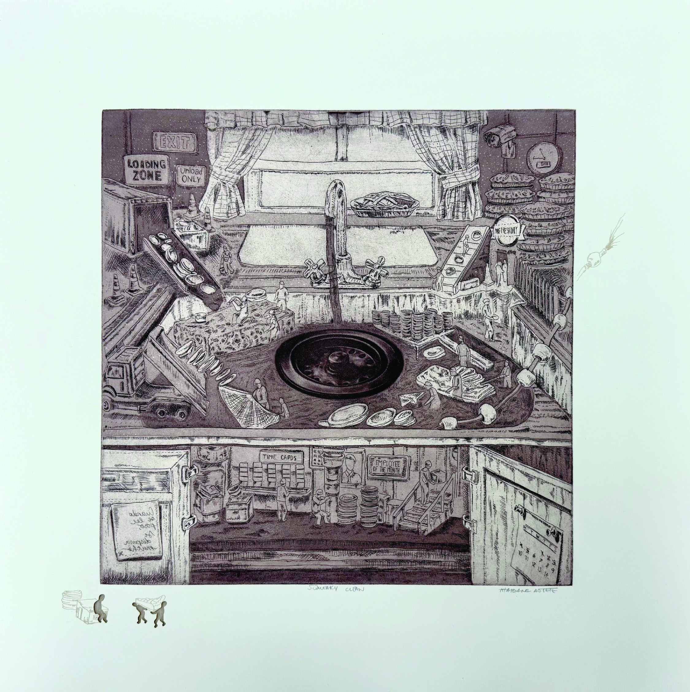 A busy kitchen sink filled with tiny workers cleaning dishes and making pies