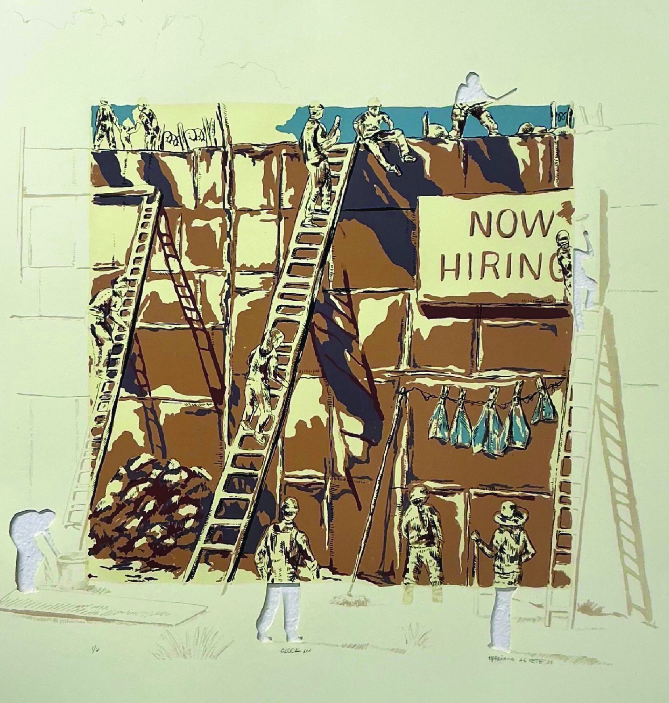A mural of a work site crawling with workers who, when they emerge from the mural edges, are cut out of the base paper as reverse silhouettes.
