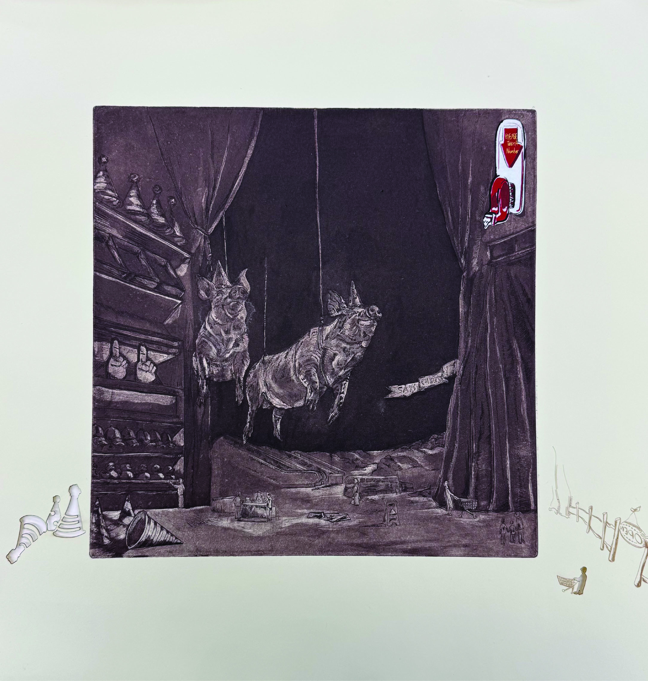 A pair of flying pigs in a darkened room float toward a "take one" ticket dispenser. Outside the picture plane tiny cutouts of party hats and a drawn fence line sits.