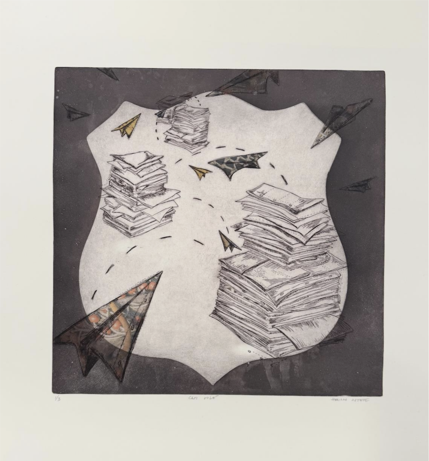 A stack of papers surrounded by colored paper airplanes of found paper is framed by a shield the shape of an interstate highway sign