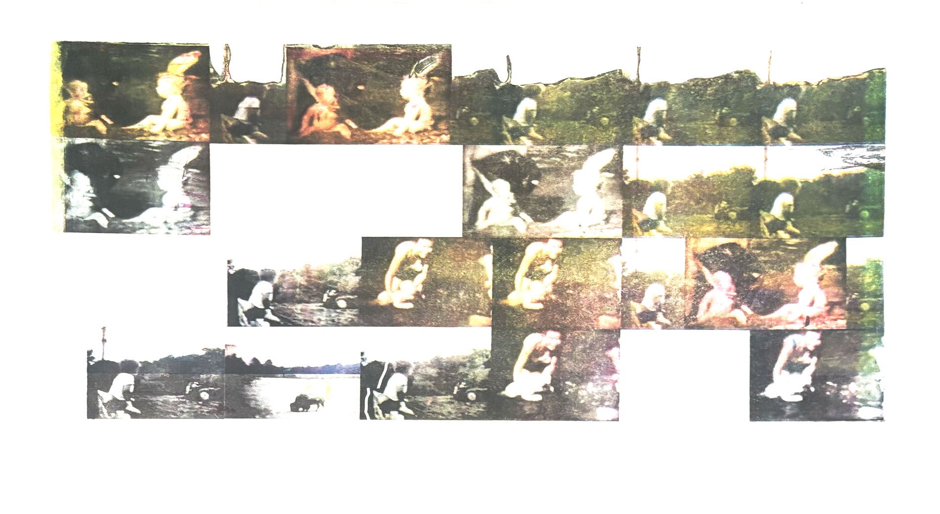 A grid of washed out photos of figures composed of halftone marks