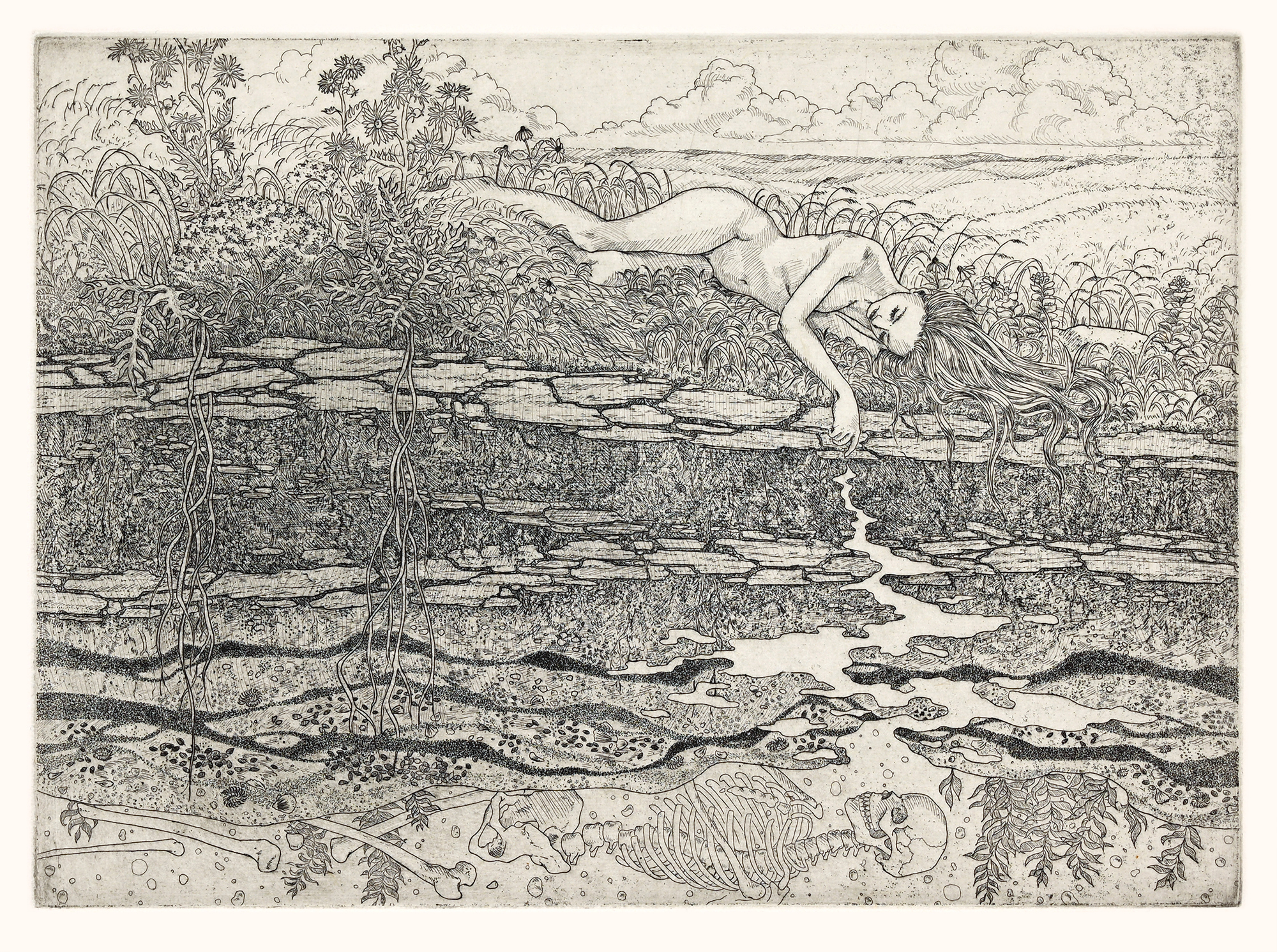 A reclining nude figure amid a lush garden reaches into a pond that doubles as showing the layers of earth beneath including a skeleton