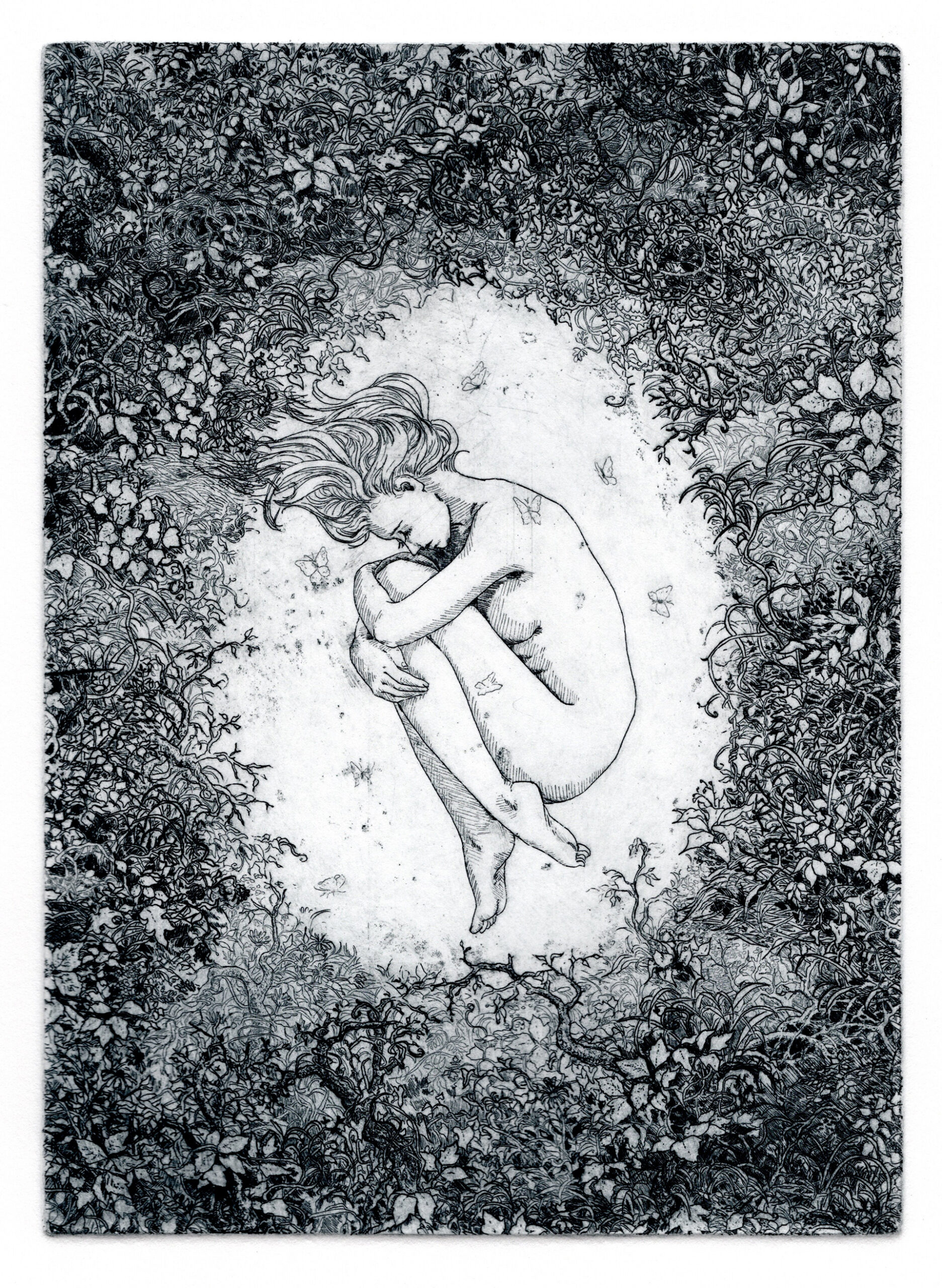 A nude figure is curled up in the center of a small clearing surrounded by a lush brambles and butterflies