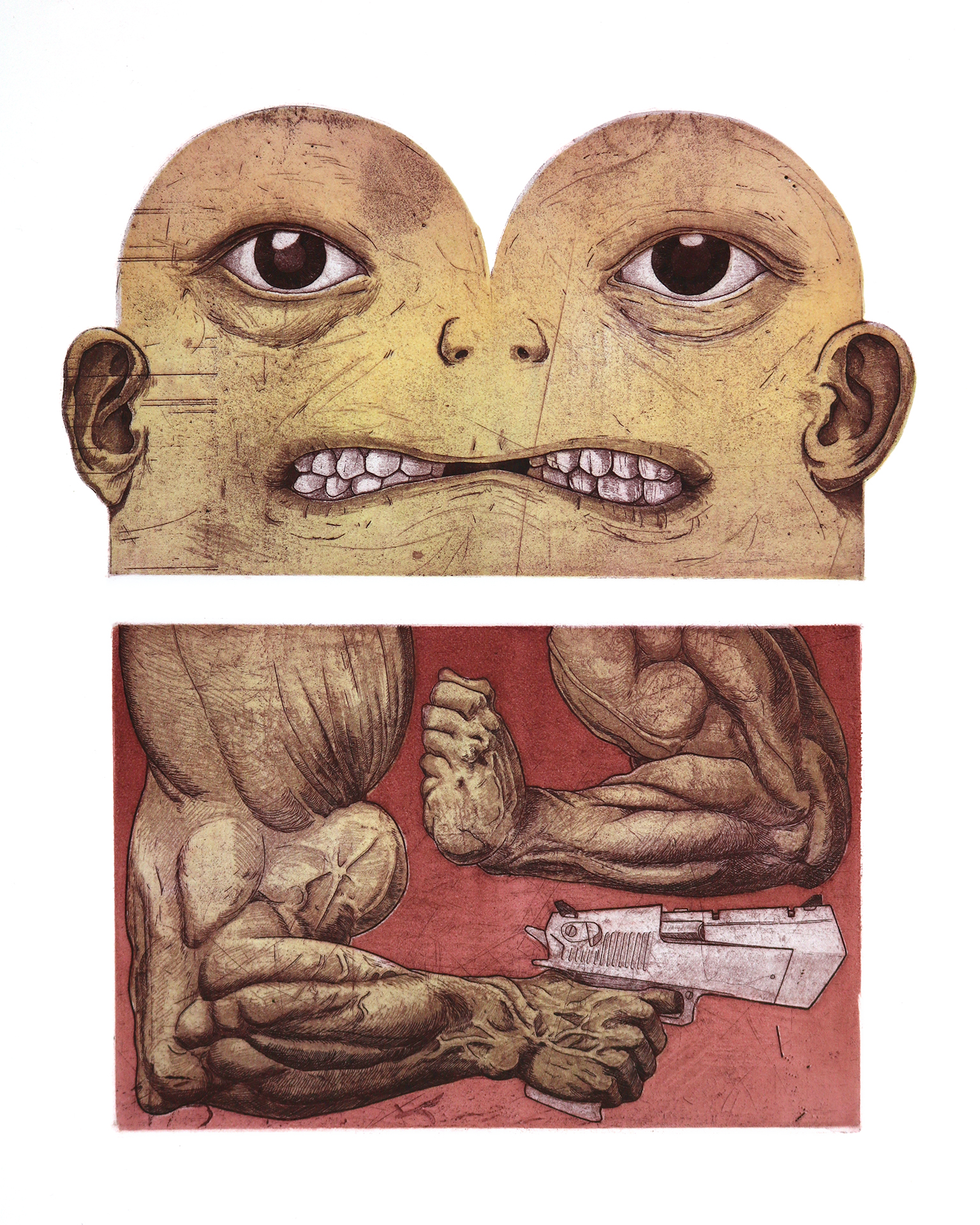A shaped plate etching of a grimmacing face with projecting ears and twin arced top evoking arched windows sits upon a rectangular plate with very muscular arms, one holding a handgun