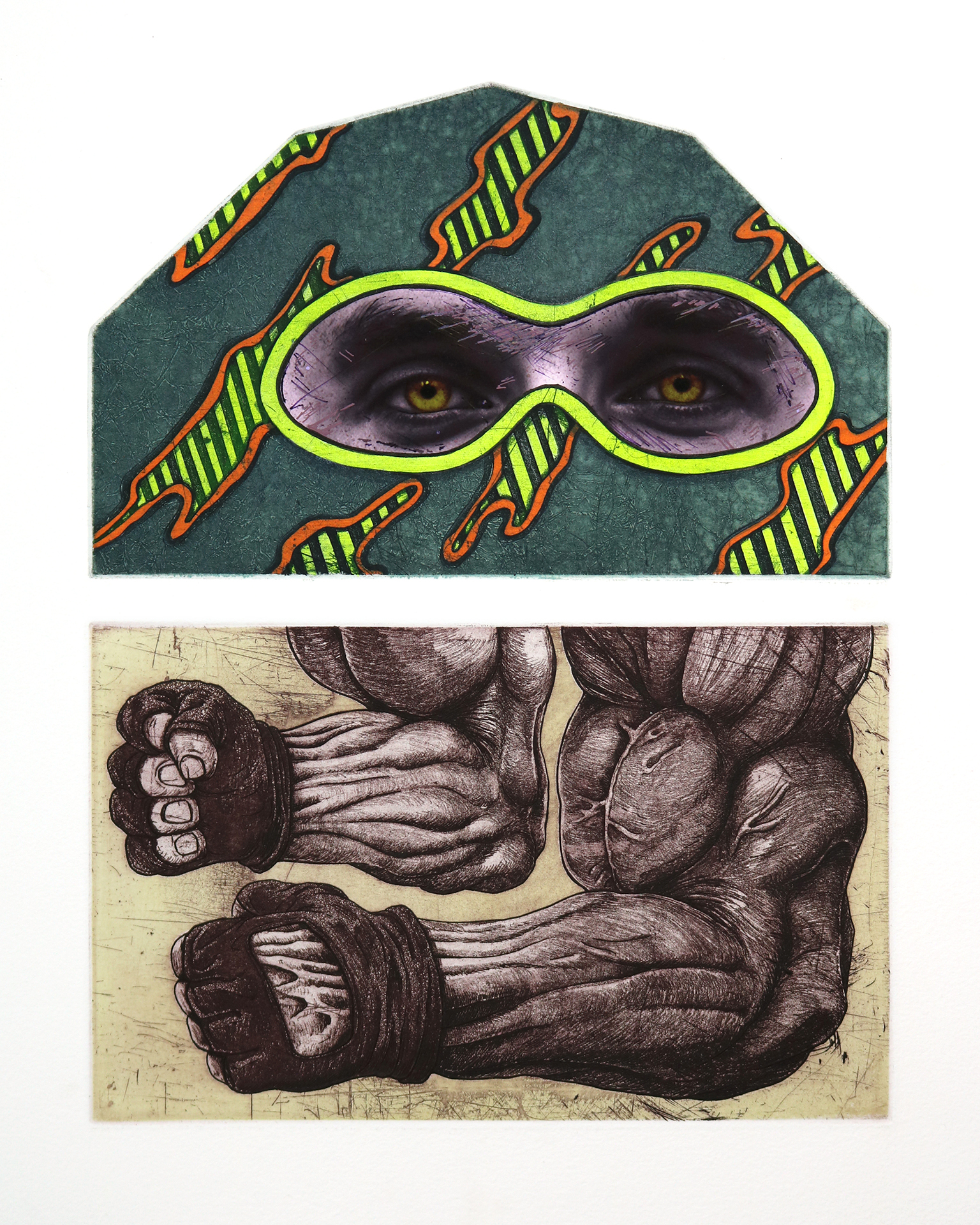 A heptagonal plate has spooky eyes emerging from a patterned ground like the mask of a balaclava. Beneath a rectangular plate has two very muscular, gloved arms
