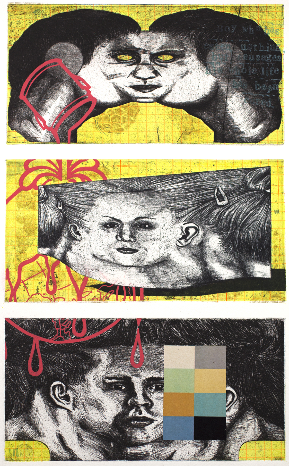 Three panels stacked vertically each with a yellow grided ground with a warped flayed face in each. The Sherwin Williams logo stretches across each panel in red with a grid of paint samples in the bottom panel