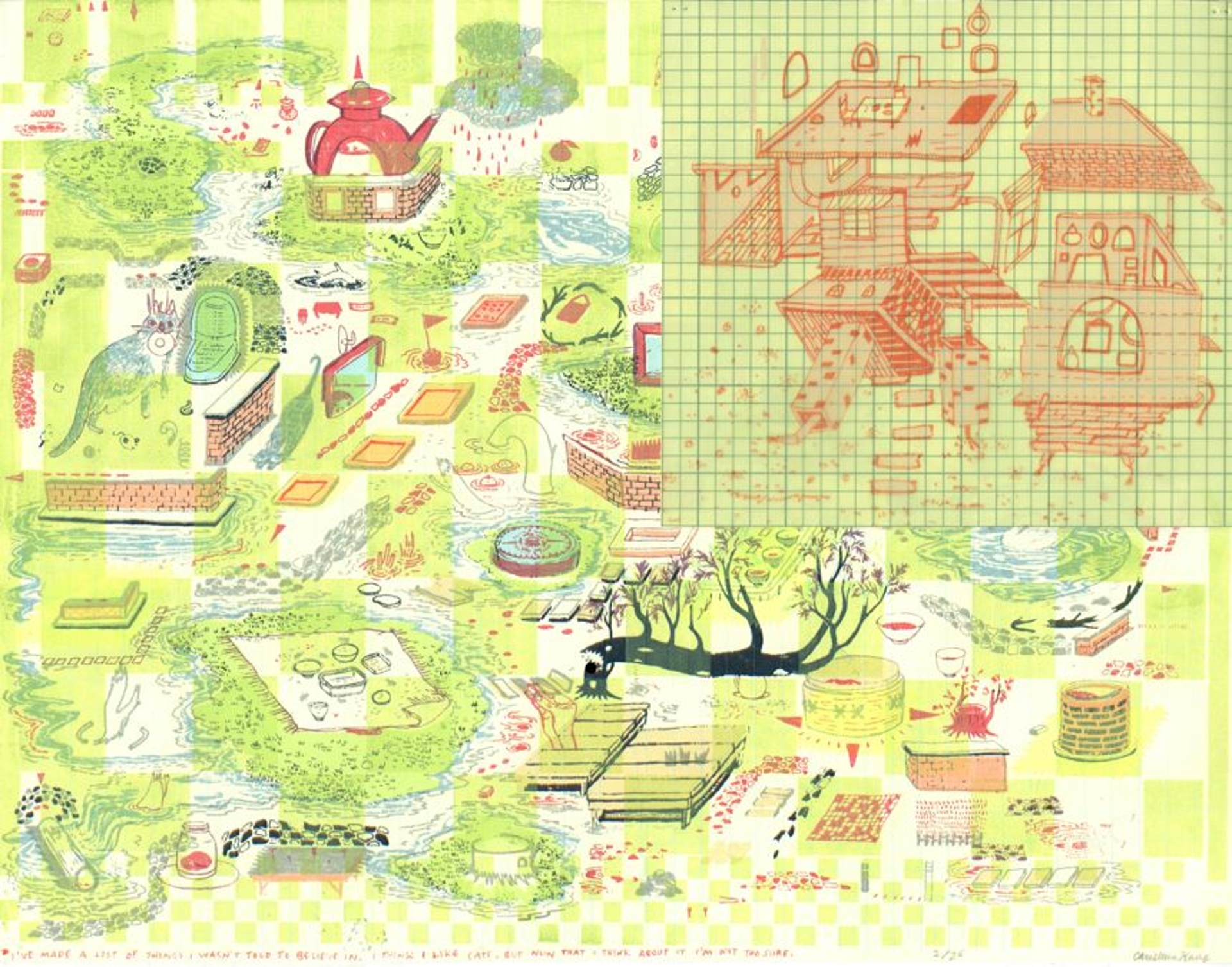 A busy fantasyland map that feels in part inspired by Mr. Roger's Neighborhood sits on a chartreuse grid. In the upper right corner is a pop out of a discombobulated house evoking a nonsense exploded drawing in pink on yellow grid paper.