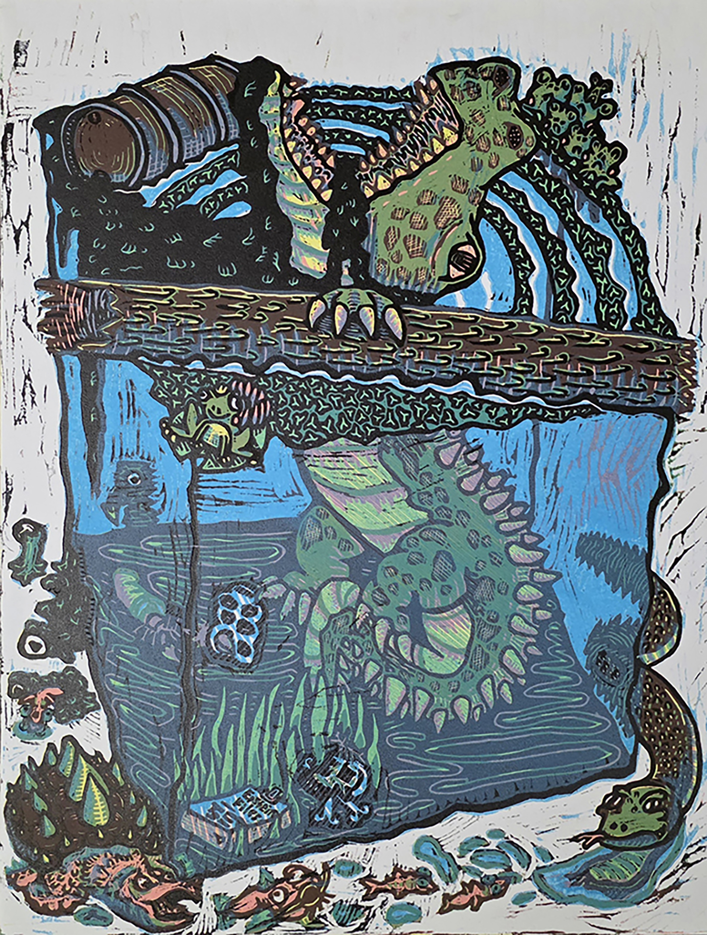 A cube of isolated swamp like a glassless aquarium dominates the frame, with a frog king in the corner of the "tank" and a huge gator springing from the oil covered water. Printed so that it appears the gator's body and bank are beneath/behind the water.