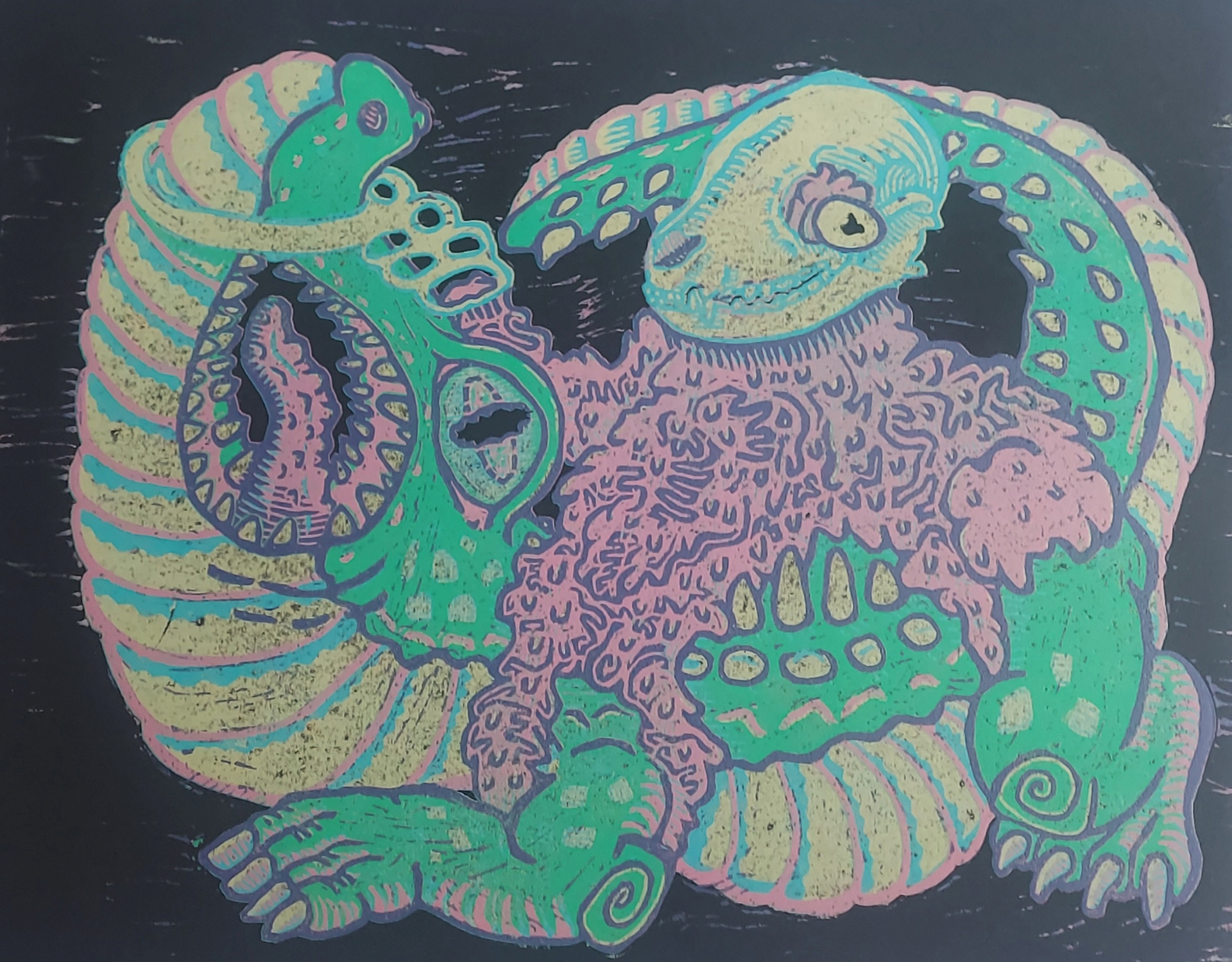 An alligator in bright colors is muzzled by soda can rings and ridden by a creature made of pink viscera and a cat skull